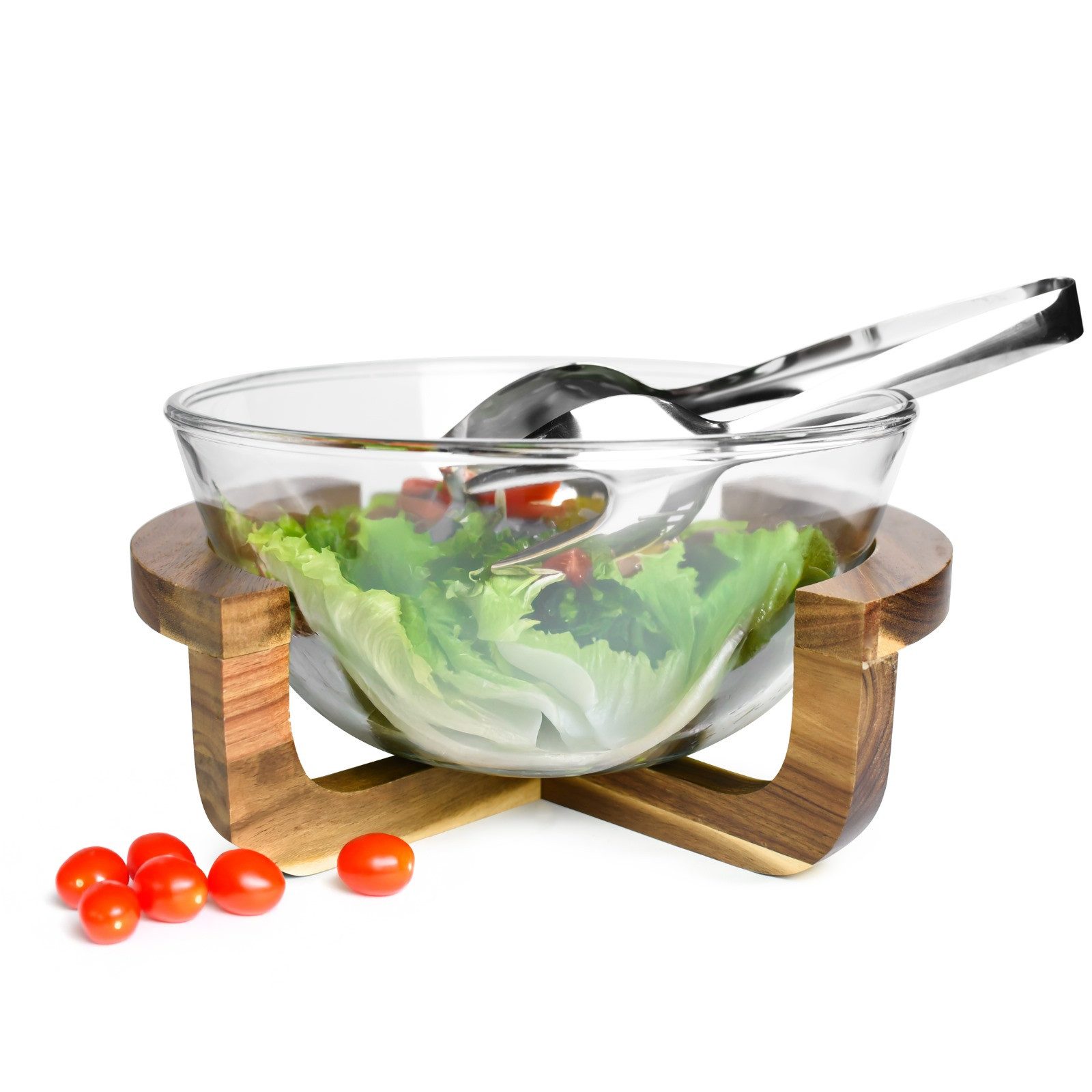 Schale Salatschale aus Glas mit Salatbesteck auf Holz-Gestell Schale Schüssel
