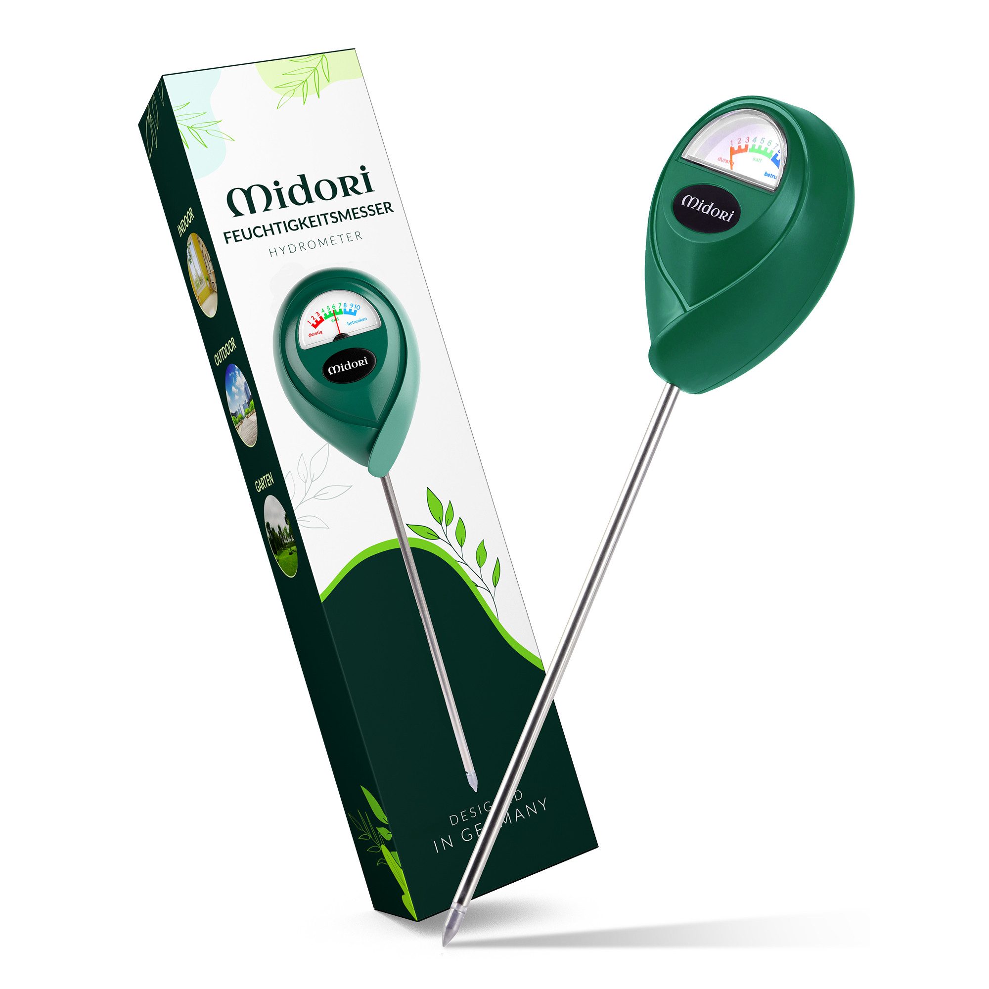 Midori Hygrometer, (1-St), 1 x Midori Boden-Feuchtigkeitsmesser Messgerät Hydrometer Grün 17,5cm