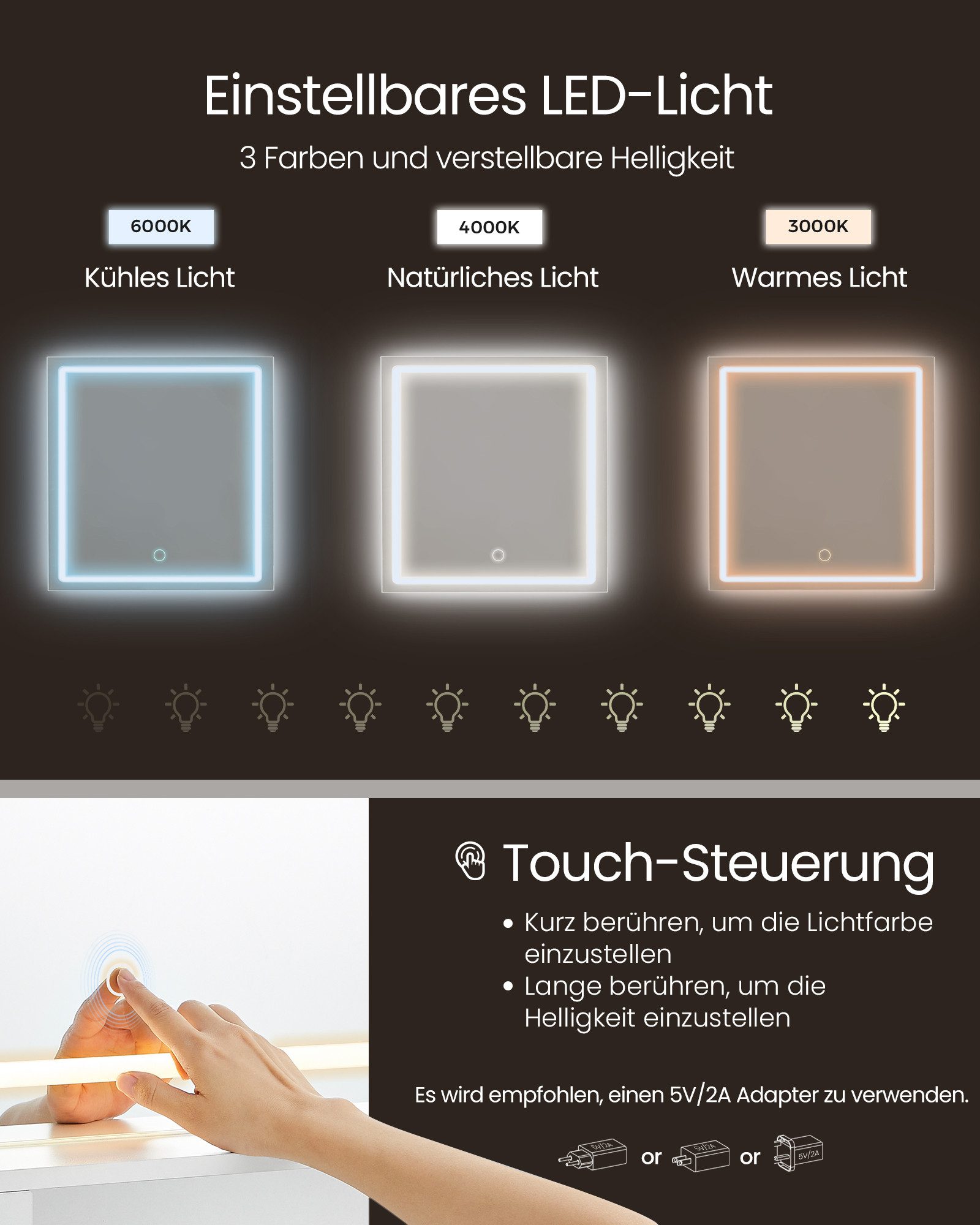 VASAGLE Schminktisch mit Spiegel und LED-Leuchten, Steckdosenleiste, Schubladen, mit verstellbarer Beleuchtung 90 cm breit