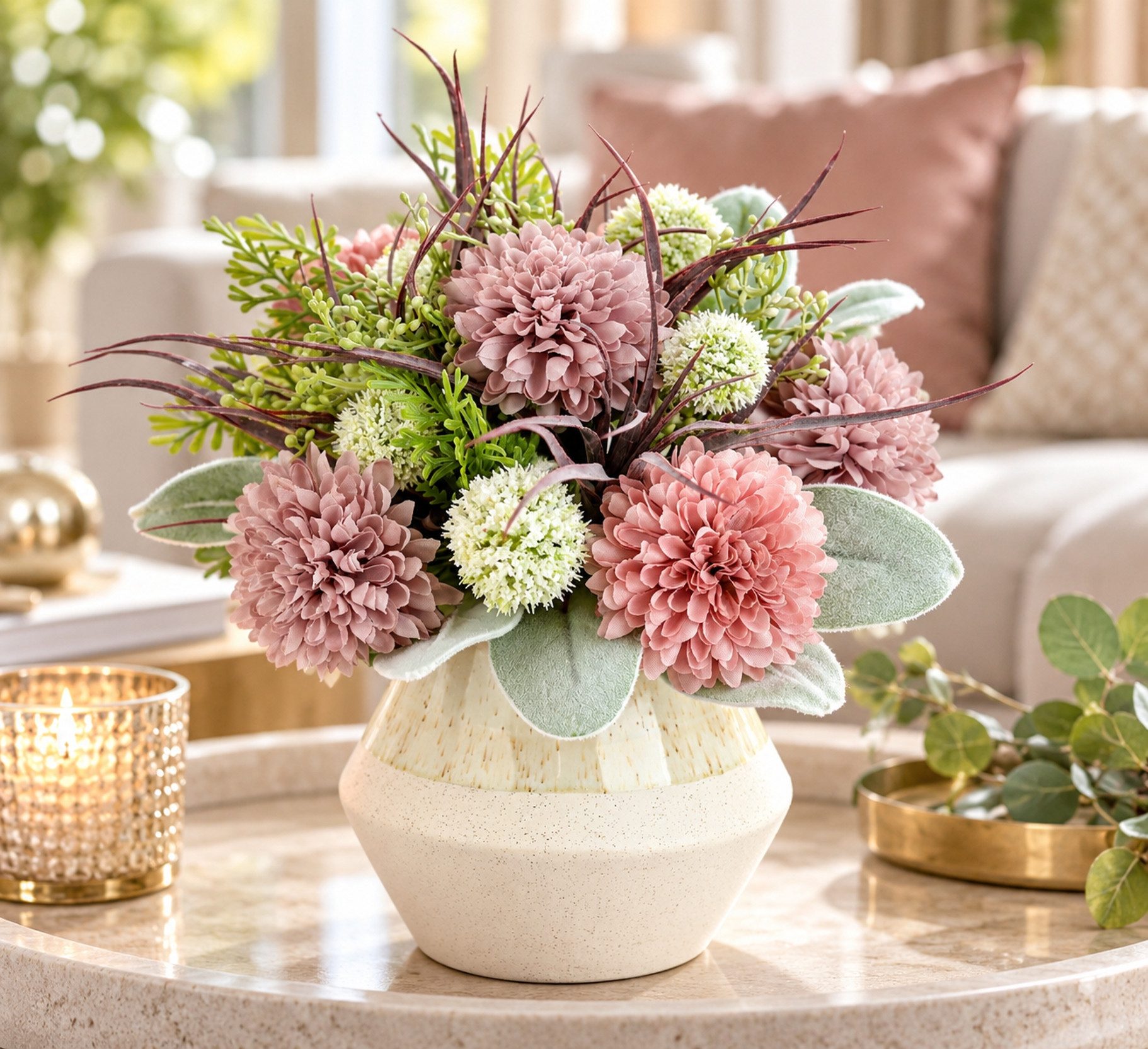 Kunstblume Gesteck aus Dahlien und Allium, I.GE.A., Höhe 21 cm – Bild 2 von 4