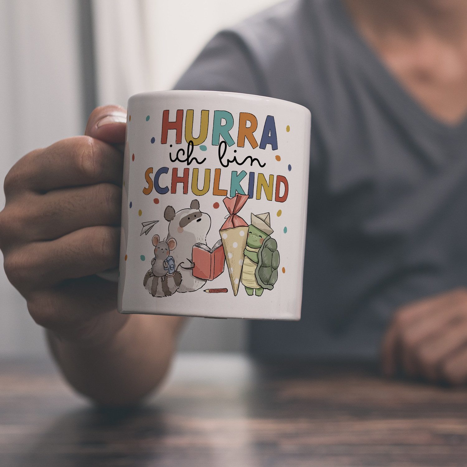 speecheese Tasse Tiere zur Einschulung Kaffeebecher mit Spruch Hurra ich bin Schulkind