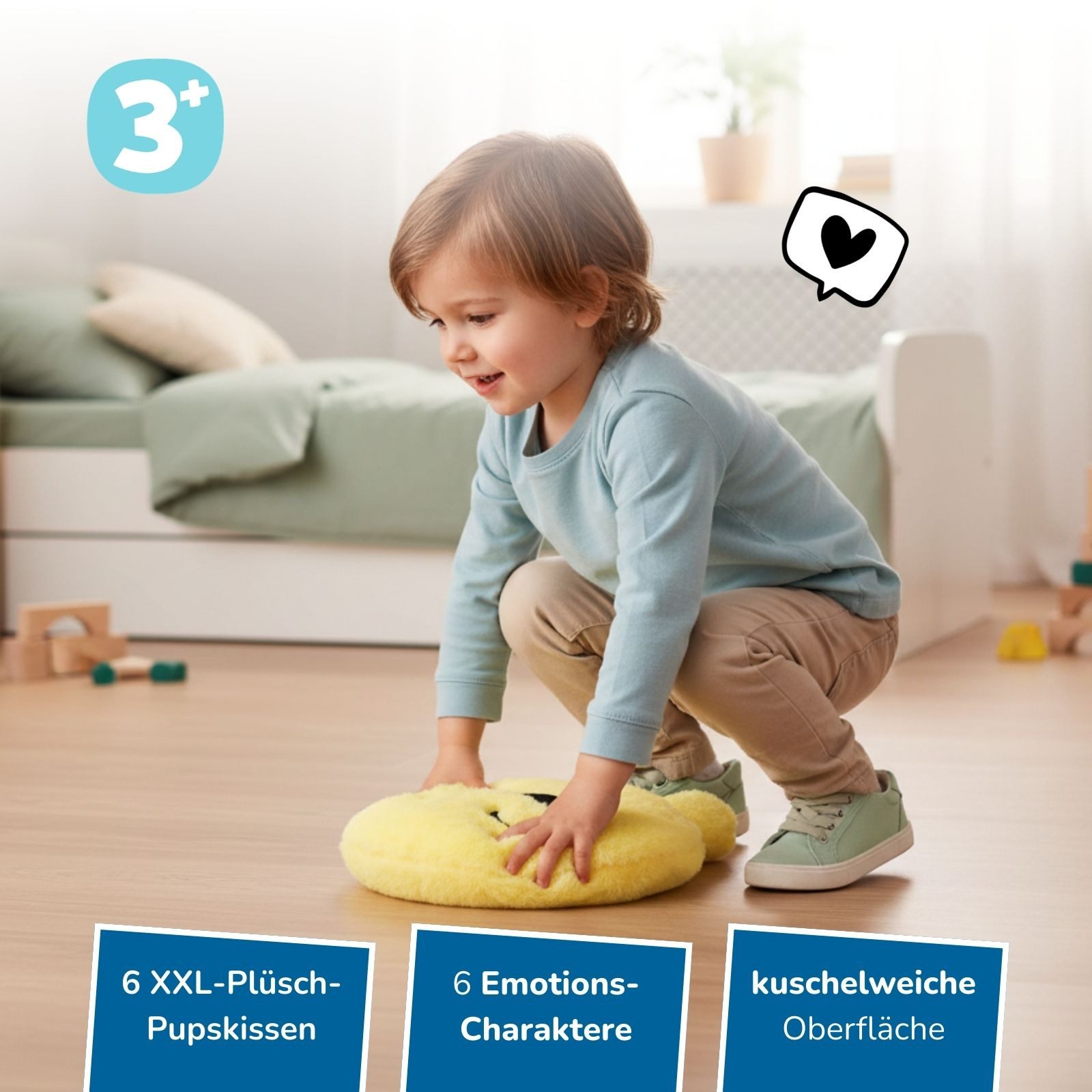 alldoro Kuscheltier XXL Plüsch-Furzkissen Set "Emotions" – 6 Charaktere mit Pups-Sound, Pupskissen für Kinder ab 3 – animiert zum Lachen & Reden über Gefühle