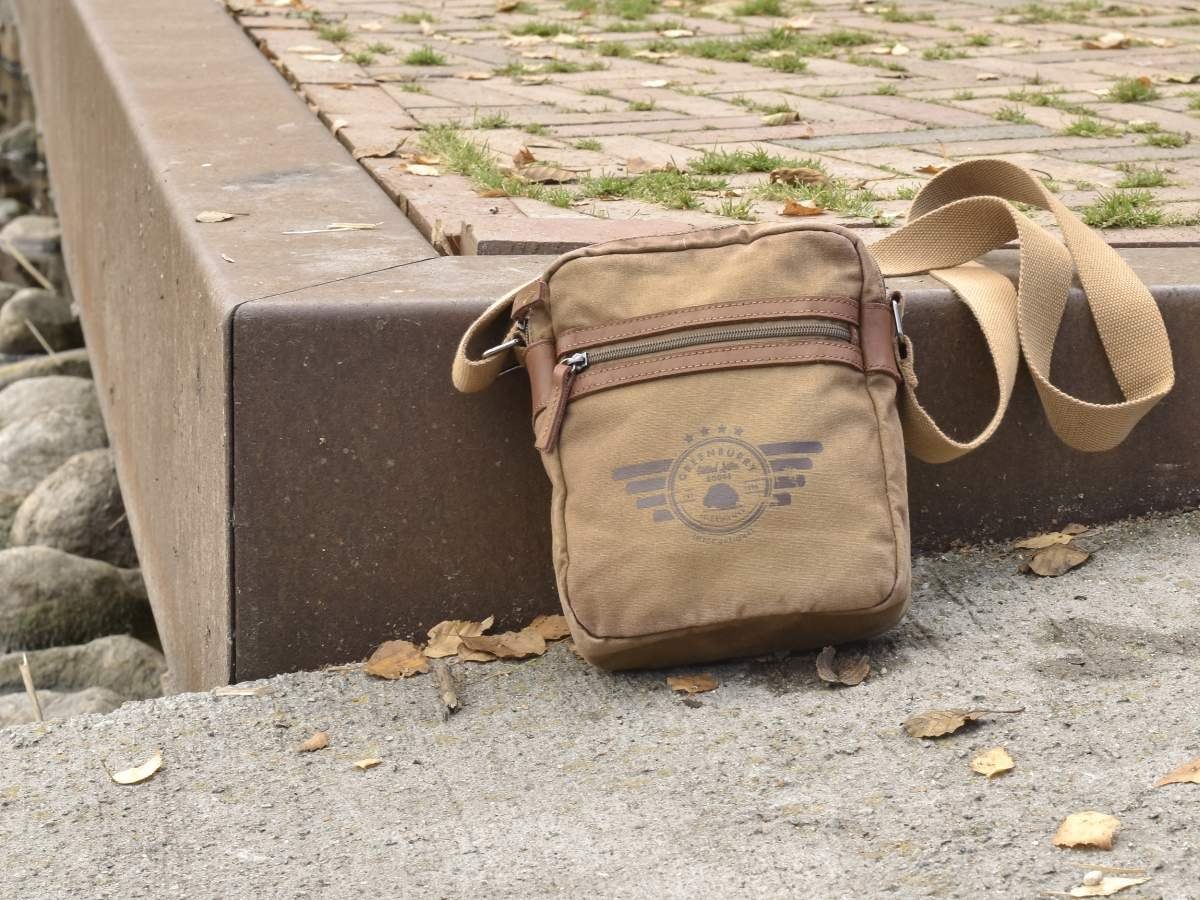 camel Messengerbag, Aviator, 20x22cm, Greenburry Lederbesatz Herrentasche Schultertasche Umhängetasche mit