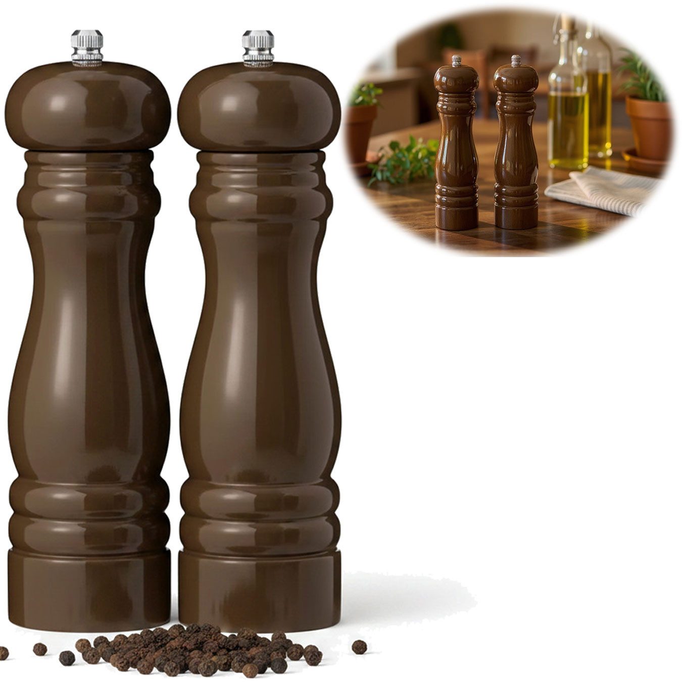 LS-LebenStil Salz-/Pfeffermühle iB Laursen Design Holz Mühlen Set Pazifik Braun 21cm Keramikmahlwerk manuell, (2 Stück), Gewürzmühle grobes Salz schwarze Pfefferkörner Chili Muskatnuss