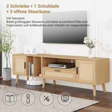 autolock TV-Schrank TV-Konsolentisch mit echtem Rattandesign,TV-Board für 80-Zoll-Fernseher,Beine aus Massivholz,stilvolle Aufbewahrung