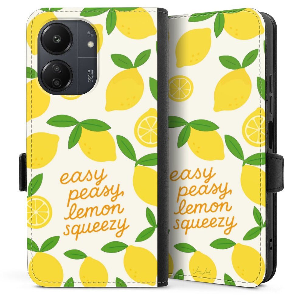 DeinDesign Handyhülle Zitrone Spruch Statement Easy Peasy Lemon Queezy, Xiaomi Redmi 13C 4G Hülle Handy Flip Case Wallet Cover