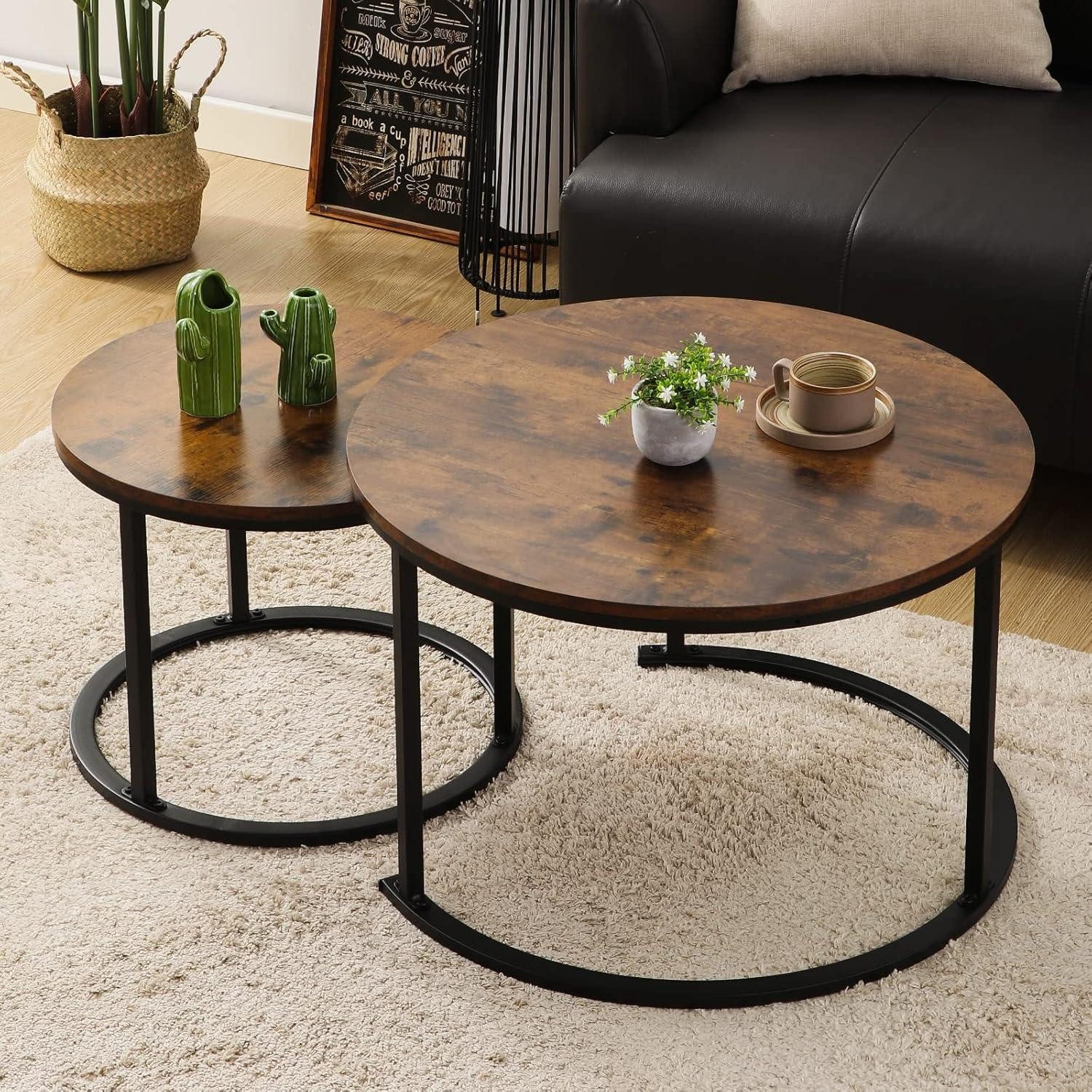 Satztisch Runder Couchtisch Satztisch Holz Metallgestell Modern Braun