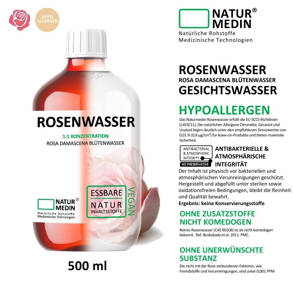 Naturmedin Gesichtswasser Rosenwasser Blütenwasser 100% Natur 1:1 Konzentration Vegan
