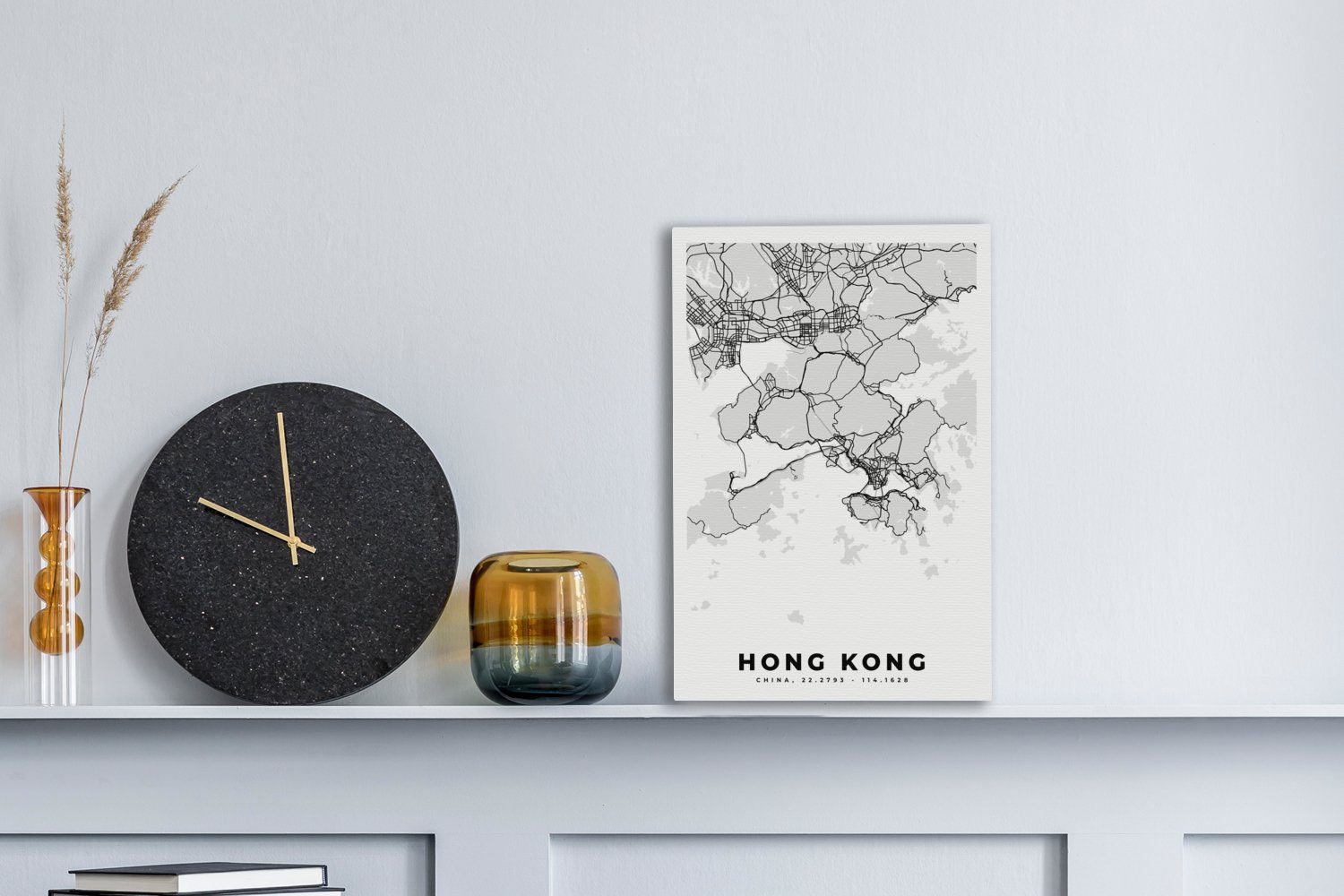 OneMillionCanvasses® Leinwandbild Hongkong - weiß - inkl. Karte, fertig St), Stadtplan Schwarz - Leinwandbild bespannt cm und 20x30 Gemälde, (1 Zackenaufhänger