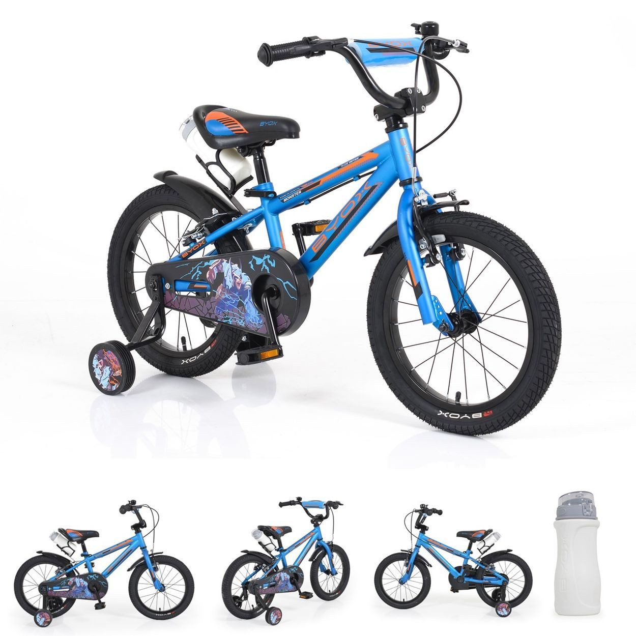 Byox Kinderfahrrad Monster 16 Zoll, 1 Gang 1 Gang, keine, Stützräder, Kettenschutz, Reflektoren, Rücktritt, Anti-Rutsch-Griffe
