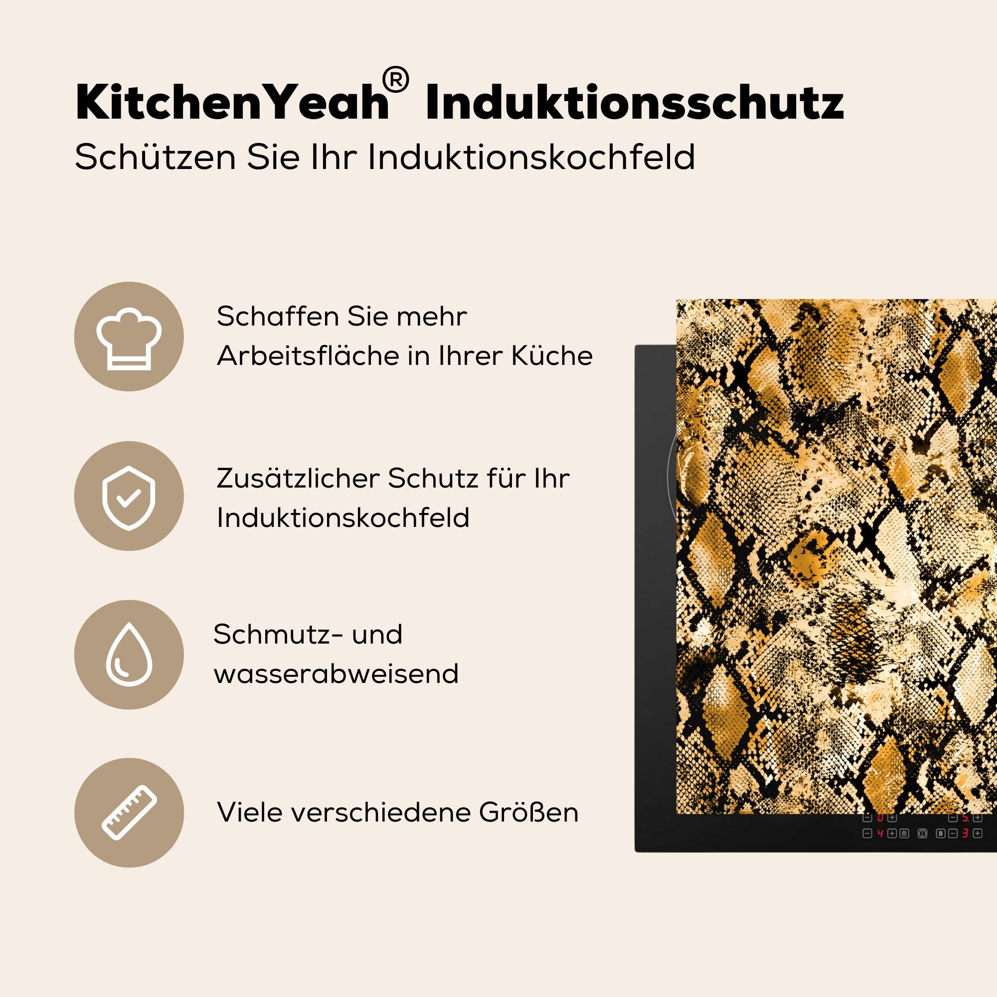 Vinyl, küche, - - (1 71x52 die tlg), cm, Schutz Gold, Schlange Herdblende-/Abdeckplatte Tiermuster Ceranfeldabdeckung für Induktionskochfeld MuchoWow