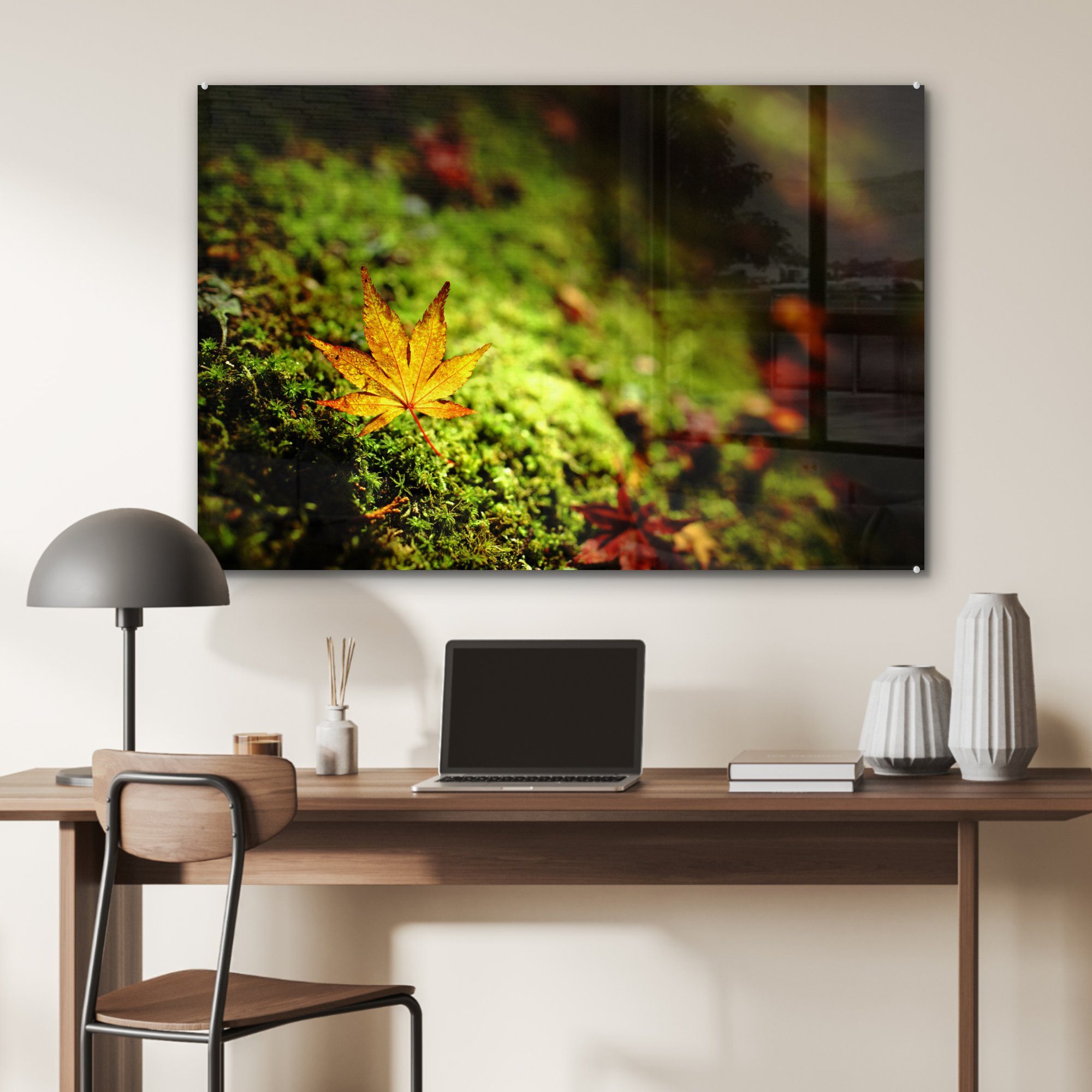 - - Herbst & Wohnzimmer MuchoWow Acrylglasbild (1 Schlafzimmer Laub Moos, St), Acrylglasbilder