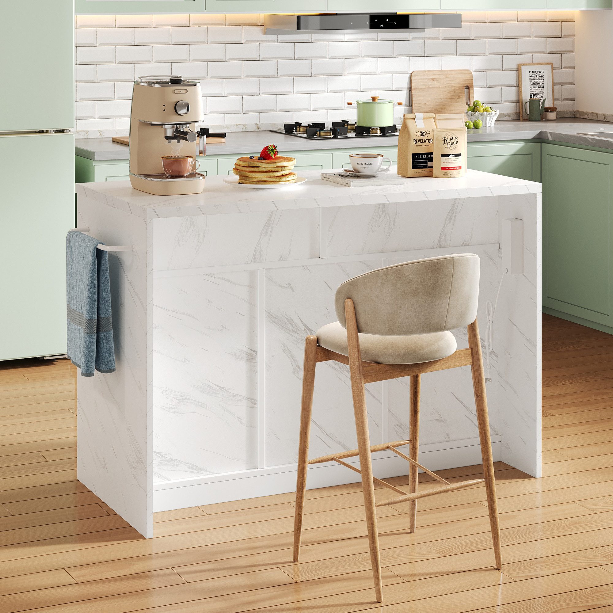 Flieks Kücheninsel mit Steckdosen, USB-Anschlüsse und verstellbare Einlegeböden, (Arbeitsplatte in Marmoroptik, 120x60x91 cm), Küchenschrank Küchenbuffet mit Schubladen und Handtuchhalter Weiß