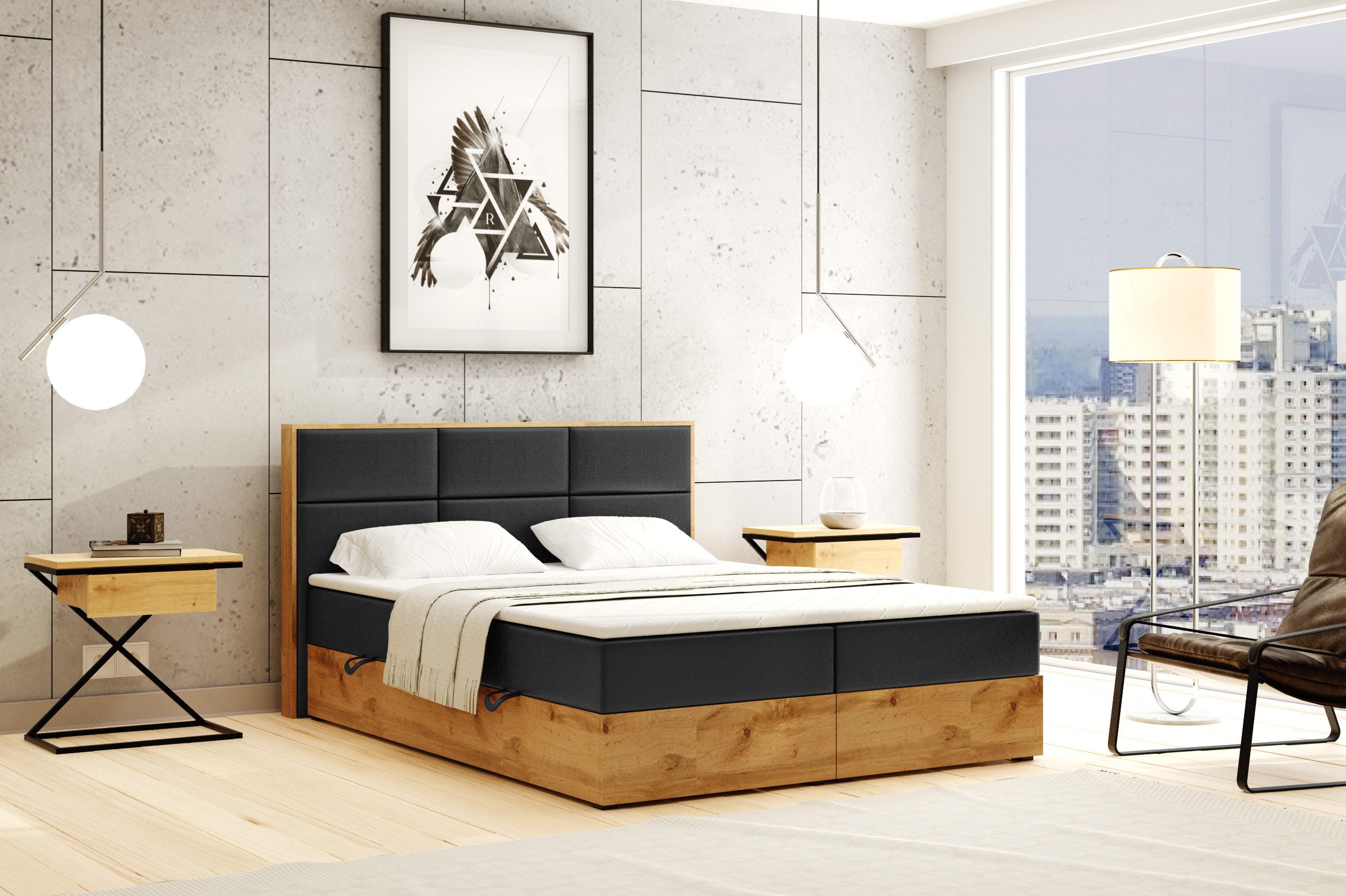 Labett Boxspringbett aus Holz im Loft-Stil günstig online kaufen