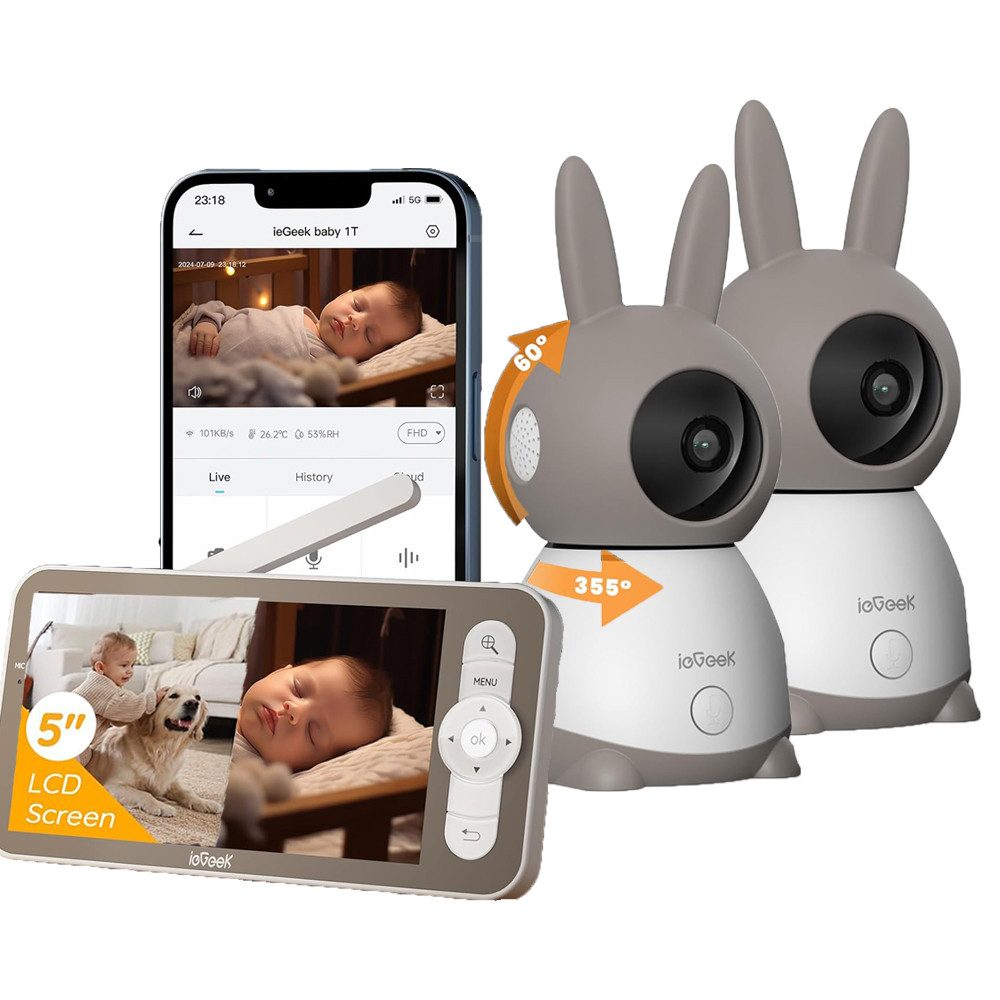 Video-Babyphone 2K/3MP 5 Zoll WLAN Video babyfone PTZ 355° IR-Nachtsicht