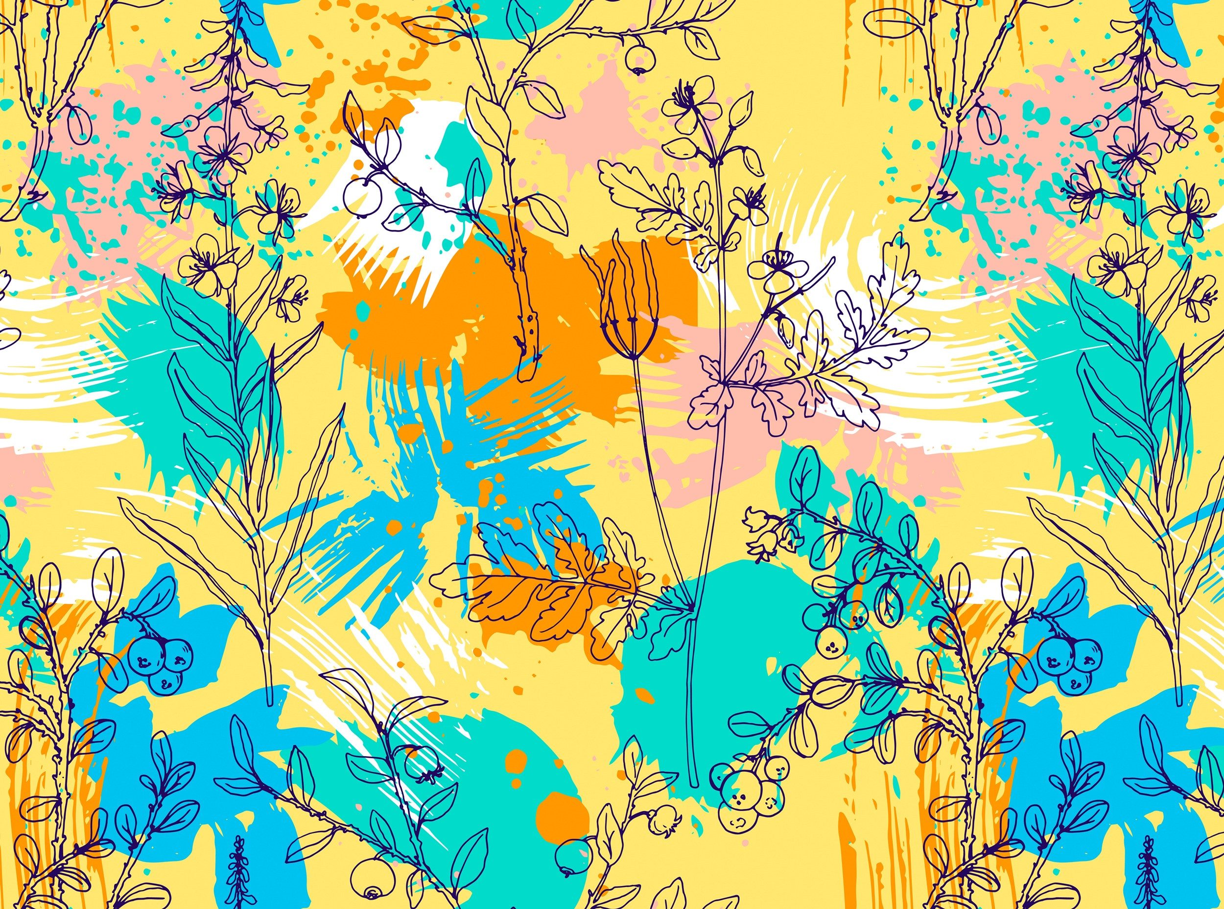 Papermoon Fototapete VLIES-Tapete Premium Natur Blumen Abstrakt Blau Orange Gelb Weiß Rosa, Kleister KOSTENLOS, reduziert, 3D-Effekt, restlos trocken abziehbar, (komplett Set inkl. Tapetenkleister, 9030), Wandtapete Bild Dekoration Wand-Dekor Motiv Tapete Poster