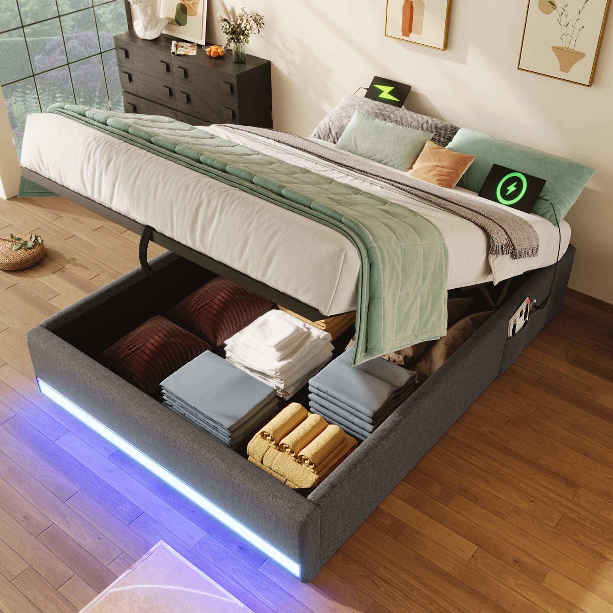 SOFTWEARY Futonbett mit LED-Beleuchtung und Aufbewahrung (mit Mehrfachsteckdose, 90x200 cm), Einzelbett ohne Kopfteil, Leinen