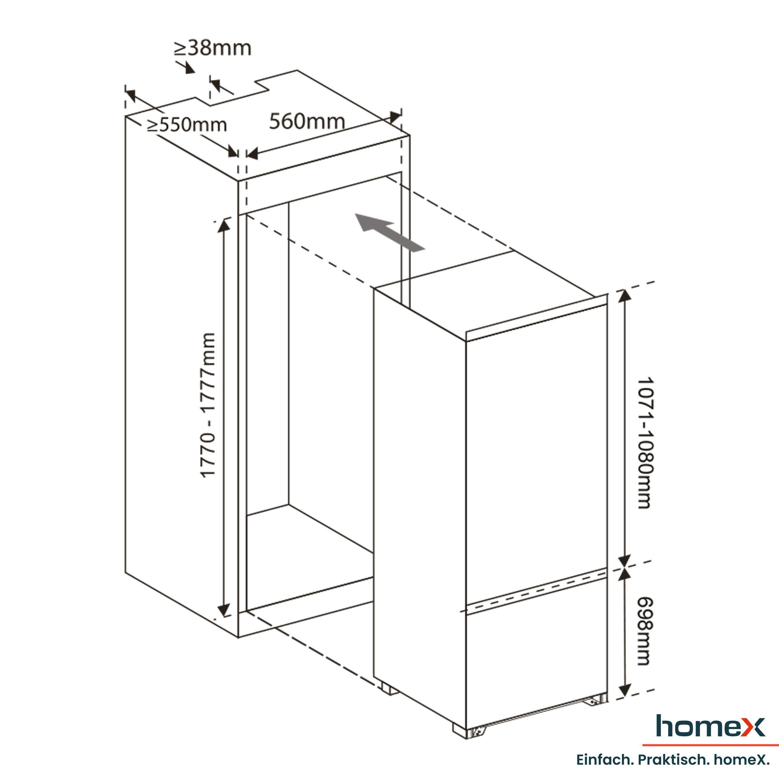homeX Einbaukühlgefrierkombination CFB2491E, 178 cm hoch, 54 cm breit, 249 Liter, Einbaukühlschrank mit Gefrierfach, 178cm hoch, Schlepptür