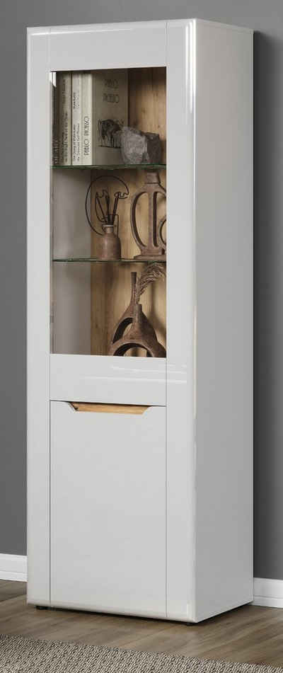 Furn.Design Standvitrine Merlon (Vitrine in weiß mit Eiche, 2-türig, 65 x192 cm) Hochglanz