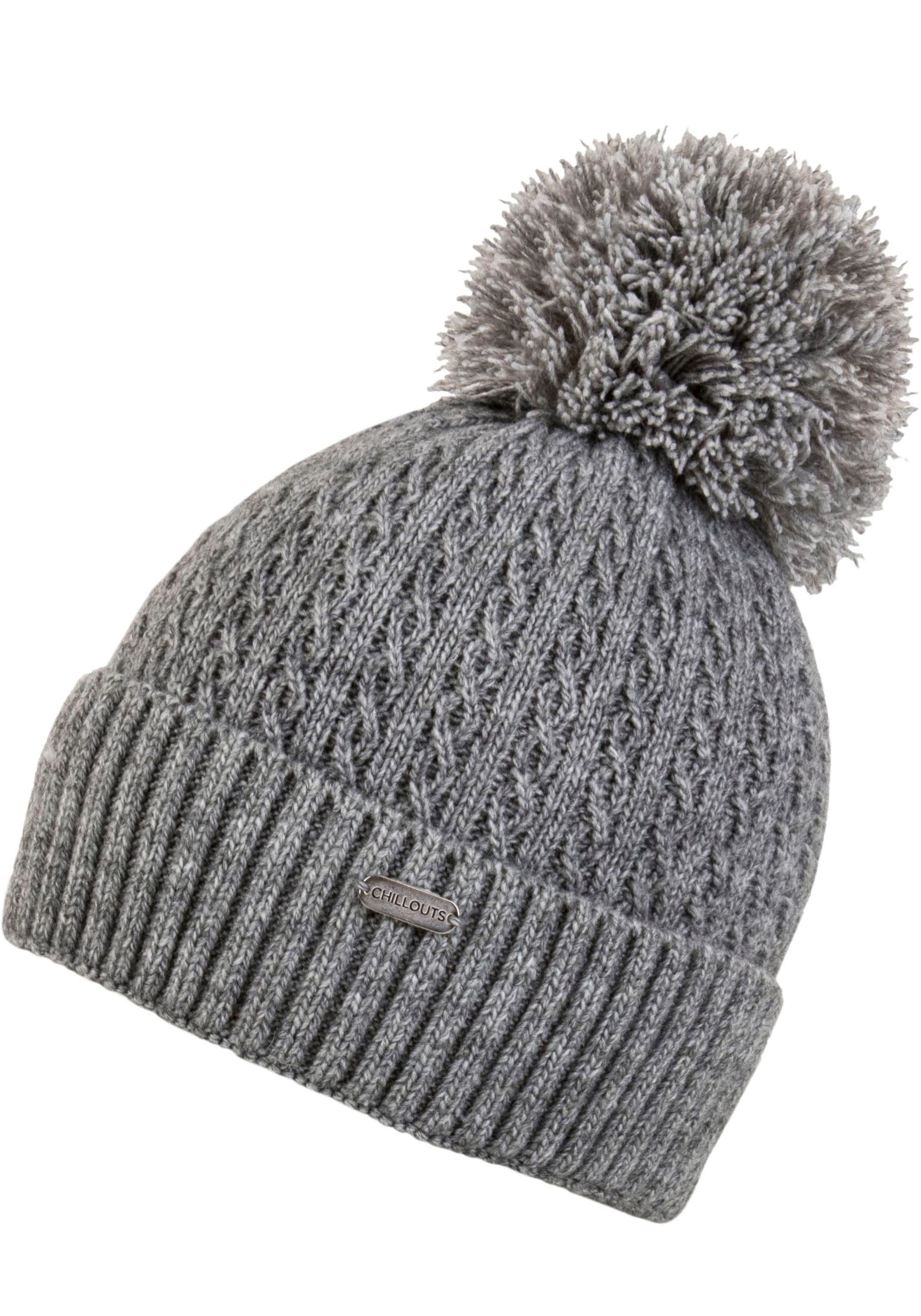 Estephania Bommelmütze Feinstrick Zopfmuster Hat mit chillouts grey PomPom,