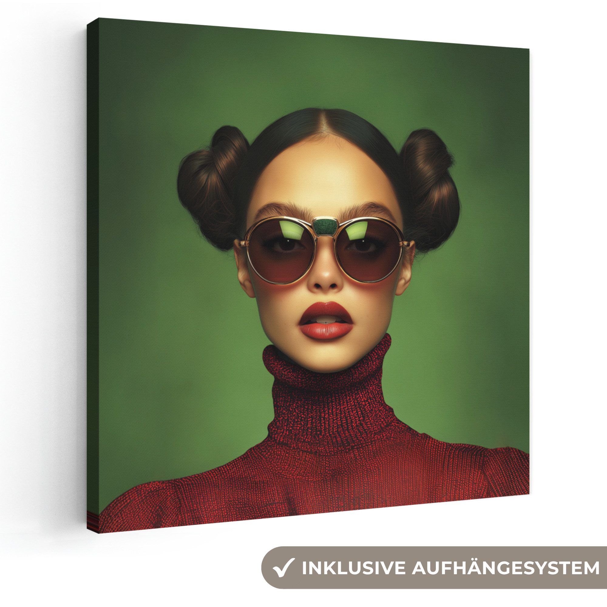 OneMillionCanvasses® Leinwandbild Frau - Grün - Brille - Ästhetisch - Modern, Fotodruck (1 St), Wandbild, Deko Schlafzimmer Wohnzimmer Flur 20x20 cm