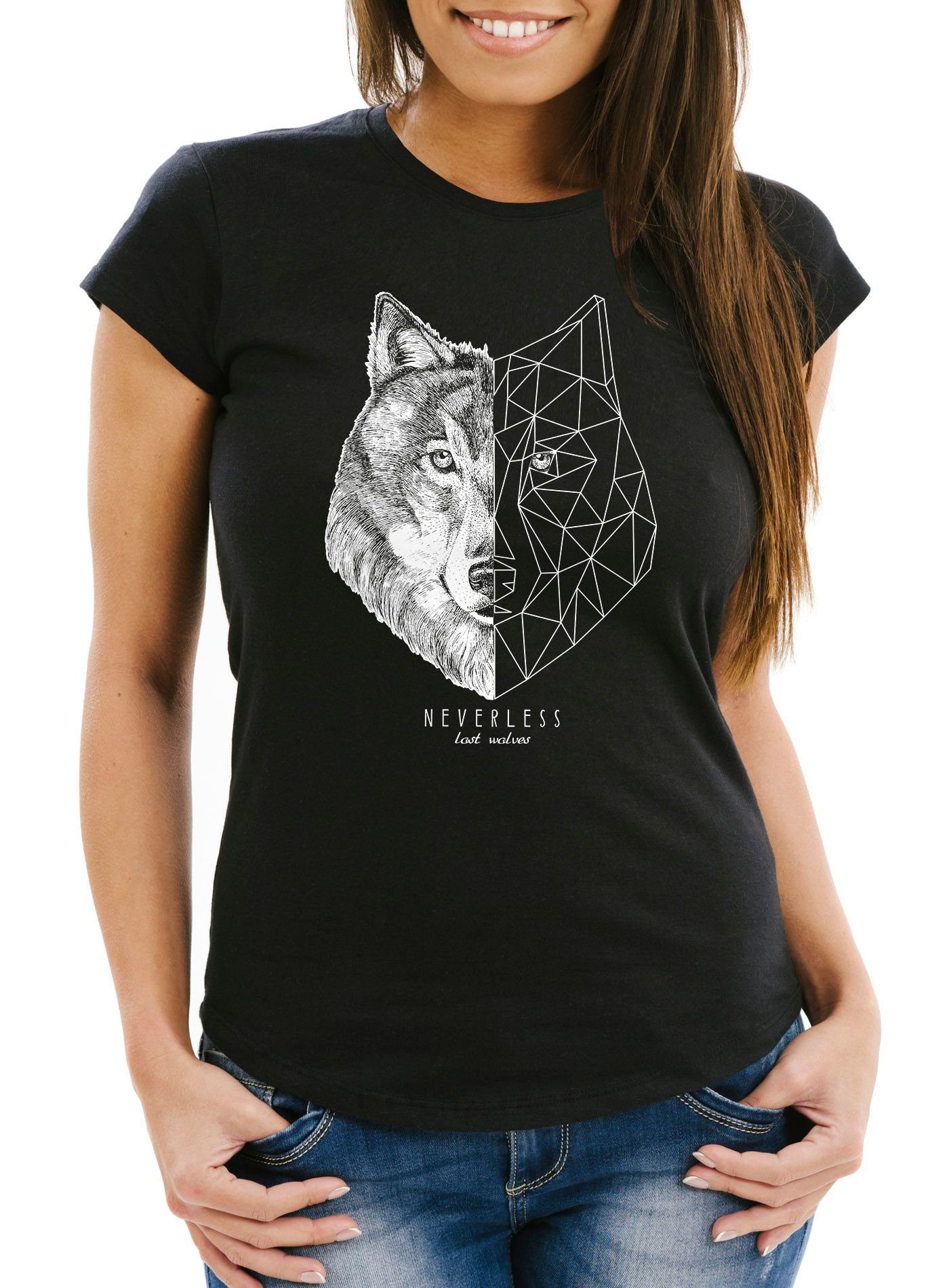 Fashion Neverless® Streetstyle Kunst Print T-Shirt Polygon Grafik Wolf Print-Shirt Neverless Tiermotiv Damen mit
