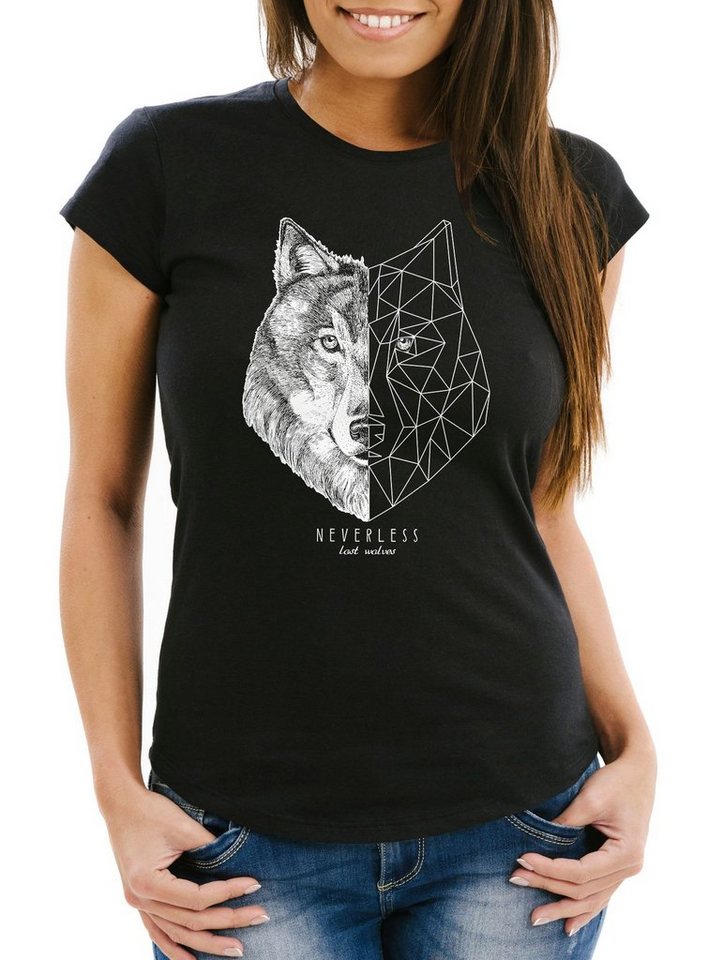 Neverless Print-Shirt Damen T-Shirt Wolf Polygon Kunst Grafik Tiermotiv  Fashion Streetstyle Neverless® mit Print