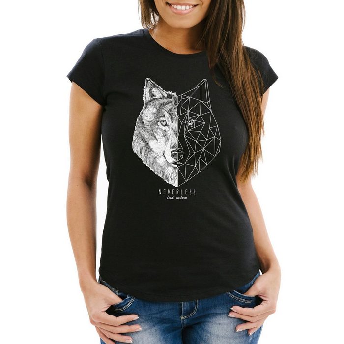 Neverless Print-Shirt Damen T-Shirt Wolf Polygon Kunst Grafik Tiermotiv Fashion Streetstyle Neverless® mit Print