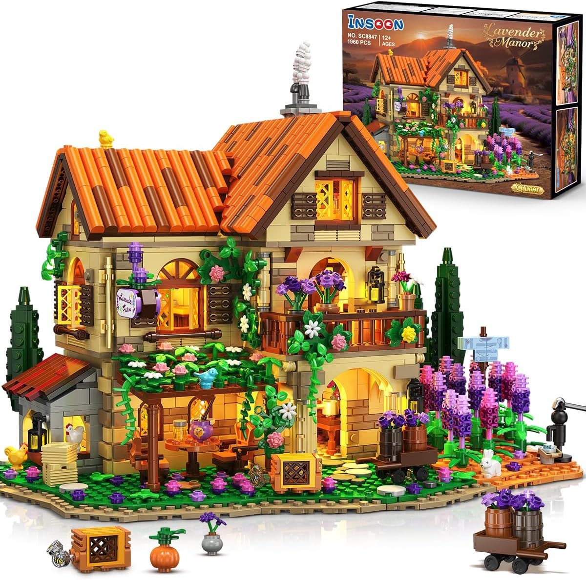 INSOON Lavendel Herrenhaus Bauspielzeug mit Licht für Erwachsene ab 12+ Spielbausteine, (Set, 1960 St., Romantisches Häuser Spielzeug für Jugendliche Jungen Mädchen 12), Lavendel Klemmbausteine Konstruktions Modell