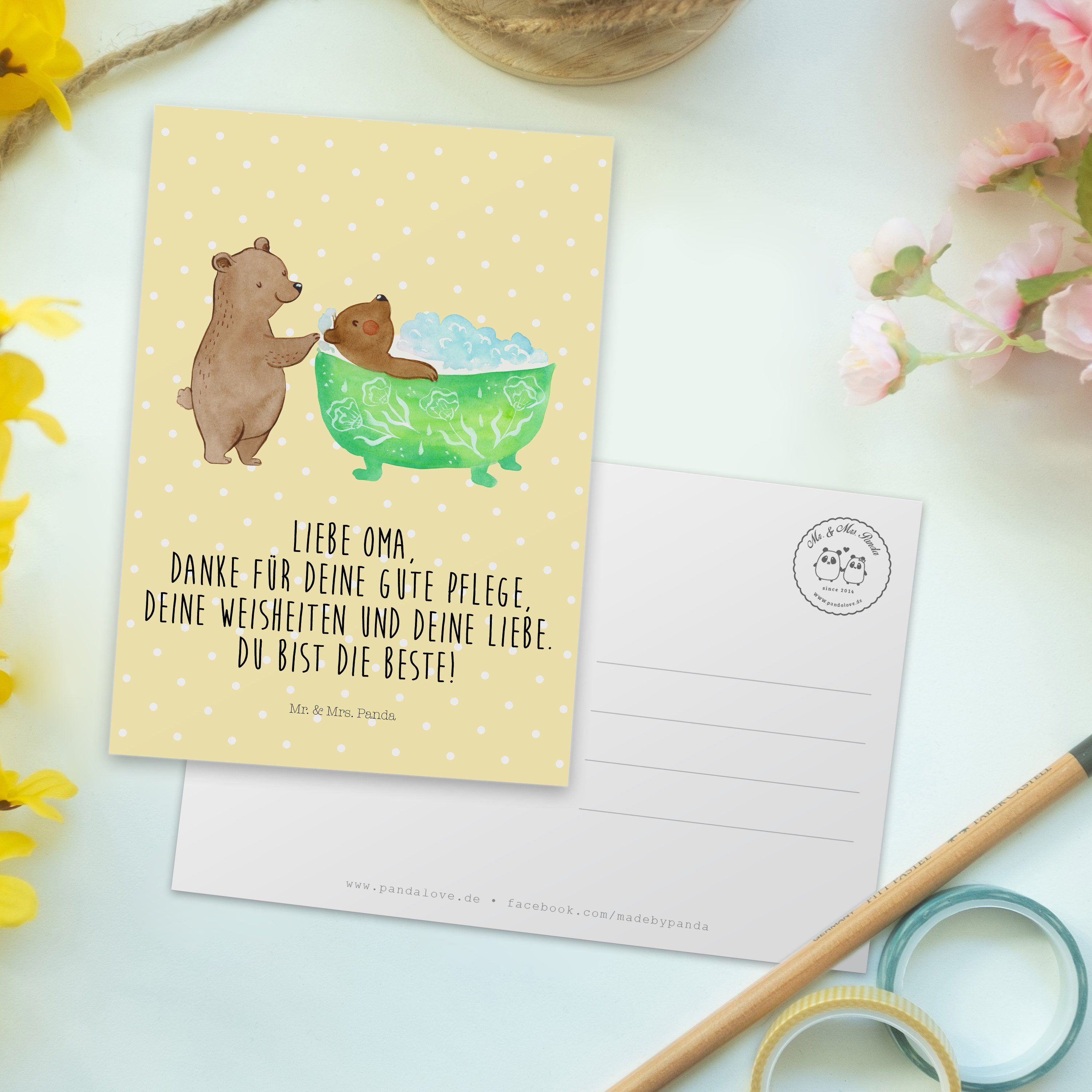 badet Mr. Grußkarte, Oma Mrs. Postkarte Geschenk, - Dankeskarte & Panda - Pastell Vatertag, Gelb