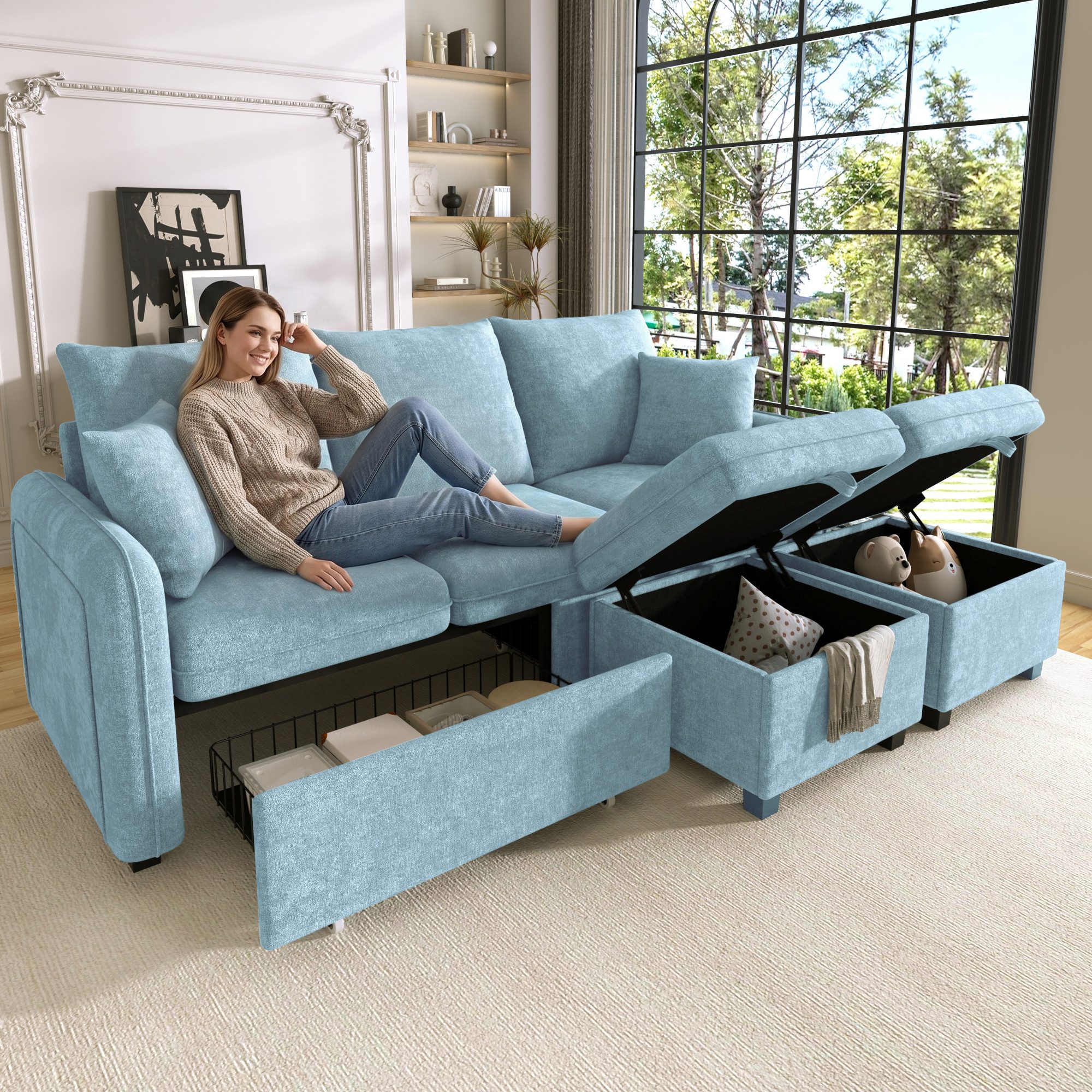 Merax Ecksofa U-förmiges Schlafsofa mit Staufunktion, Blau