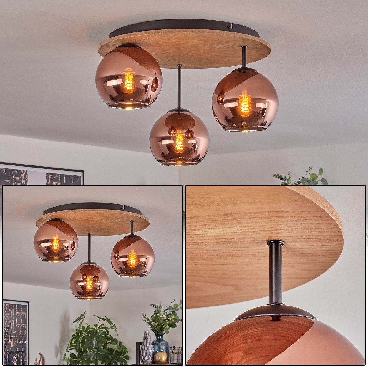 hofstein Deckenleuchte Deckenlampe aus Metall/Holz/Glas in günstig online kaufen