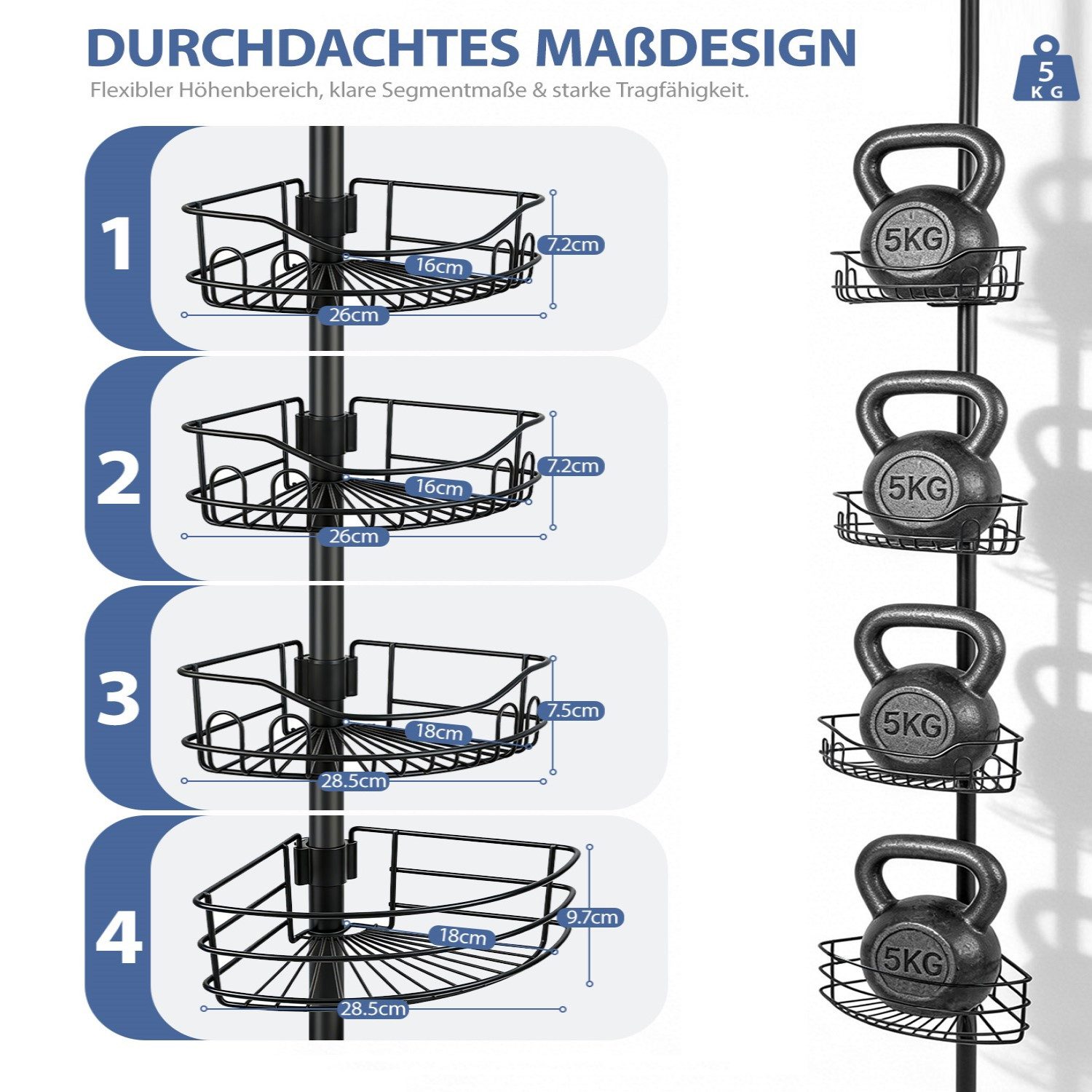 Sekey Duschregal Teleskop-Duschregal ohne Bohren, Eckablagen mit 4 Körbe, Eckregal Bad, Clipsystem, 80–310 cm, schwarz – Bild 4 von 5