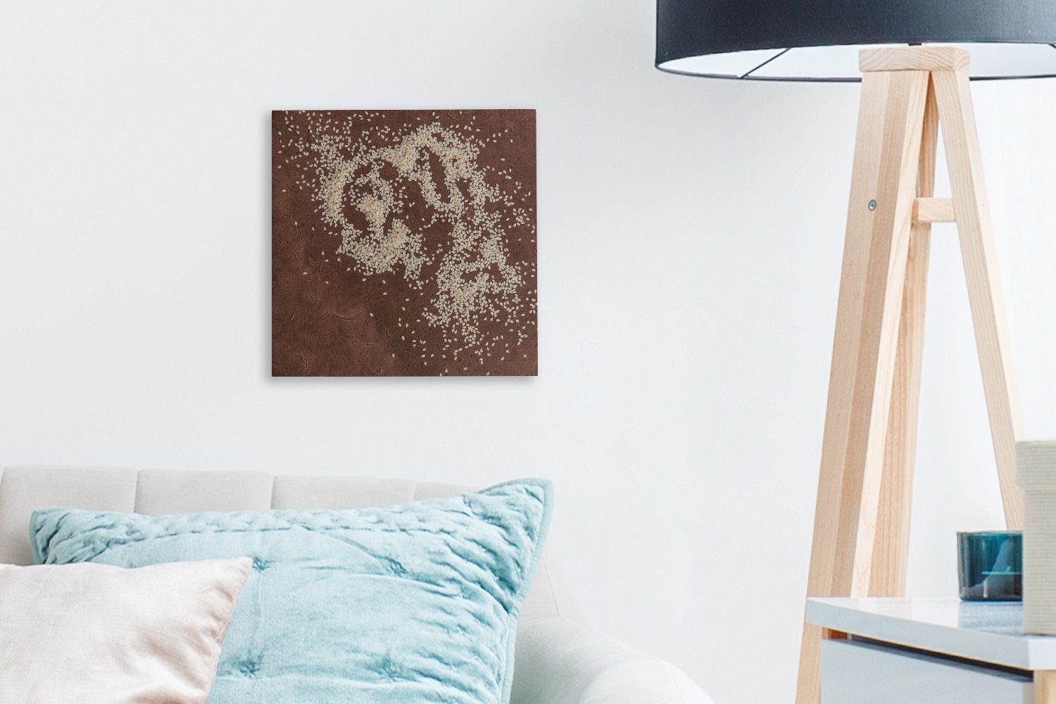 (1 Leinwand Schlafzimmer mit auf OneMillionCanvasses® St), für Wohnzimmer dem Bilder Sesamsamen Braune Tisch, Leinwandbild Oberfläche