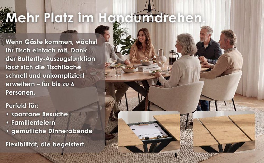 byLIVING Esstisch NEVADA, Tischplatte Eiche natur, bis 100 kg, Säule (X-förmig), Mittelauszug