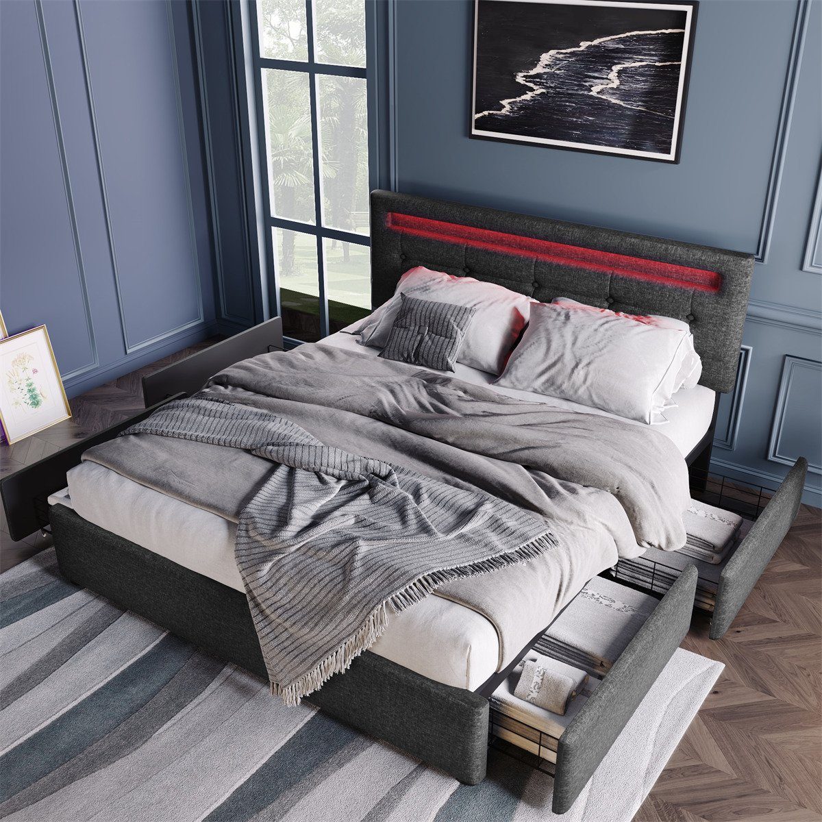 autolock Polsterbett Bettgestell,Doppelbett Polsterbett mit LED Beleuchtung, 4 Schubladen,Höhenverstellbarem Kopfteil,Stauraumbett
