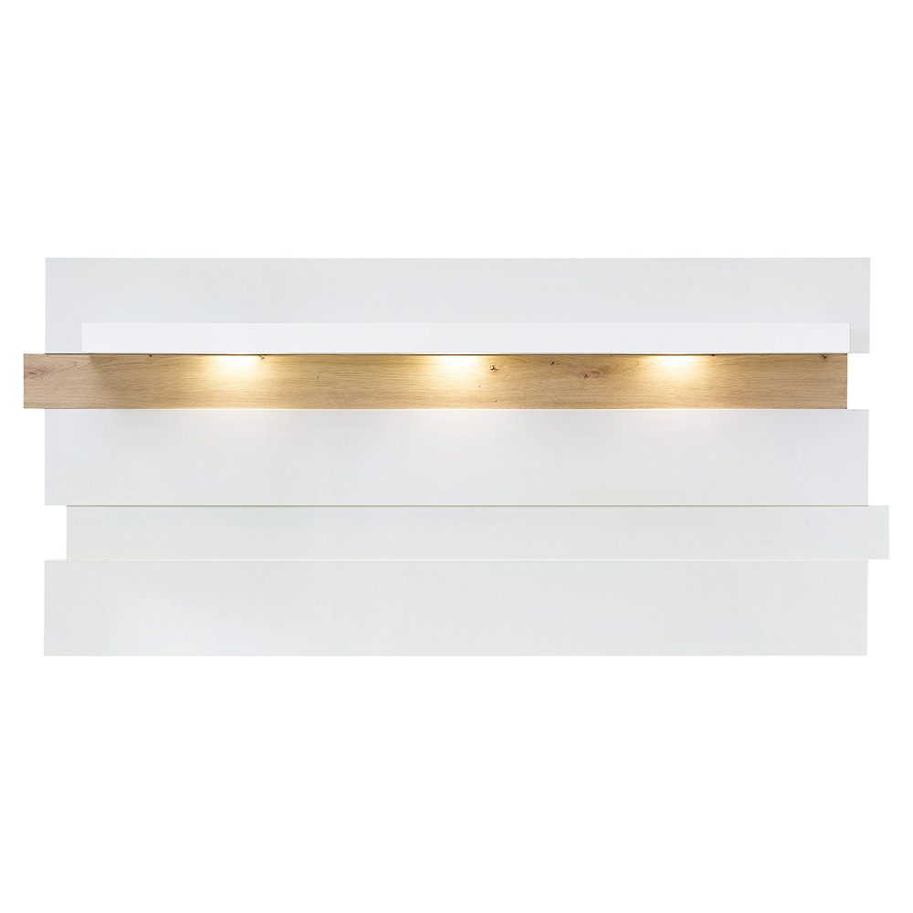 Lomadox Wandregal MANRESA-36-WHITE, 202 cm breit, weiß und Eiche, inkl. Beleuchtung