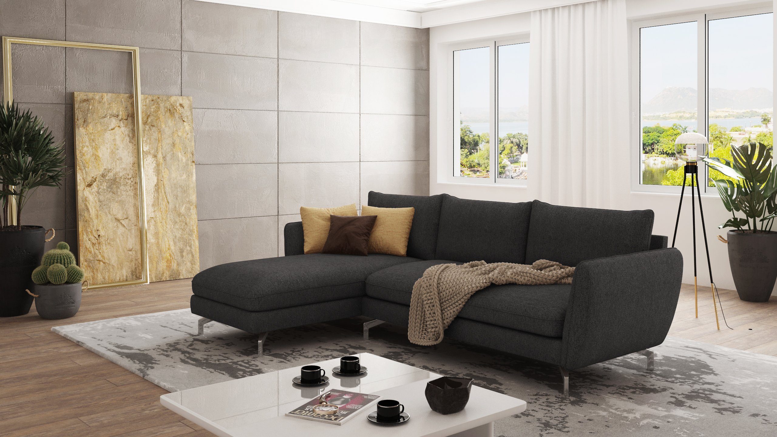 Möbel S-Style Metall mane mit mit Füßen, rechts Benita bestellbar, Silber Modernes mit Ecksofa Wellenfederung oder links Graphit mane