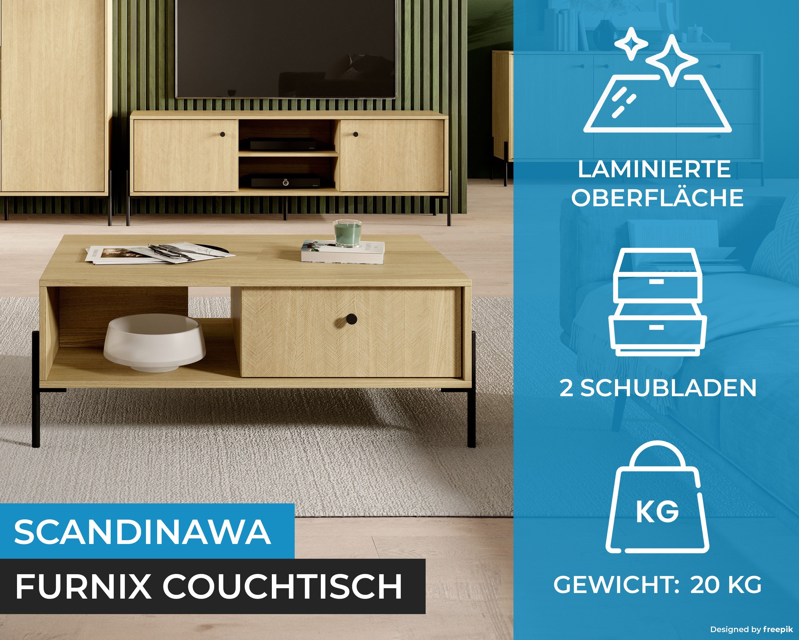 H60 elegant, x Metallfüßen, Couchtisch x cm, T39,4 SCANDINAWA schwarzen in B100,6 Furnix Made 2S mit EU Beistelltisch