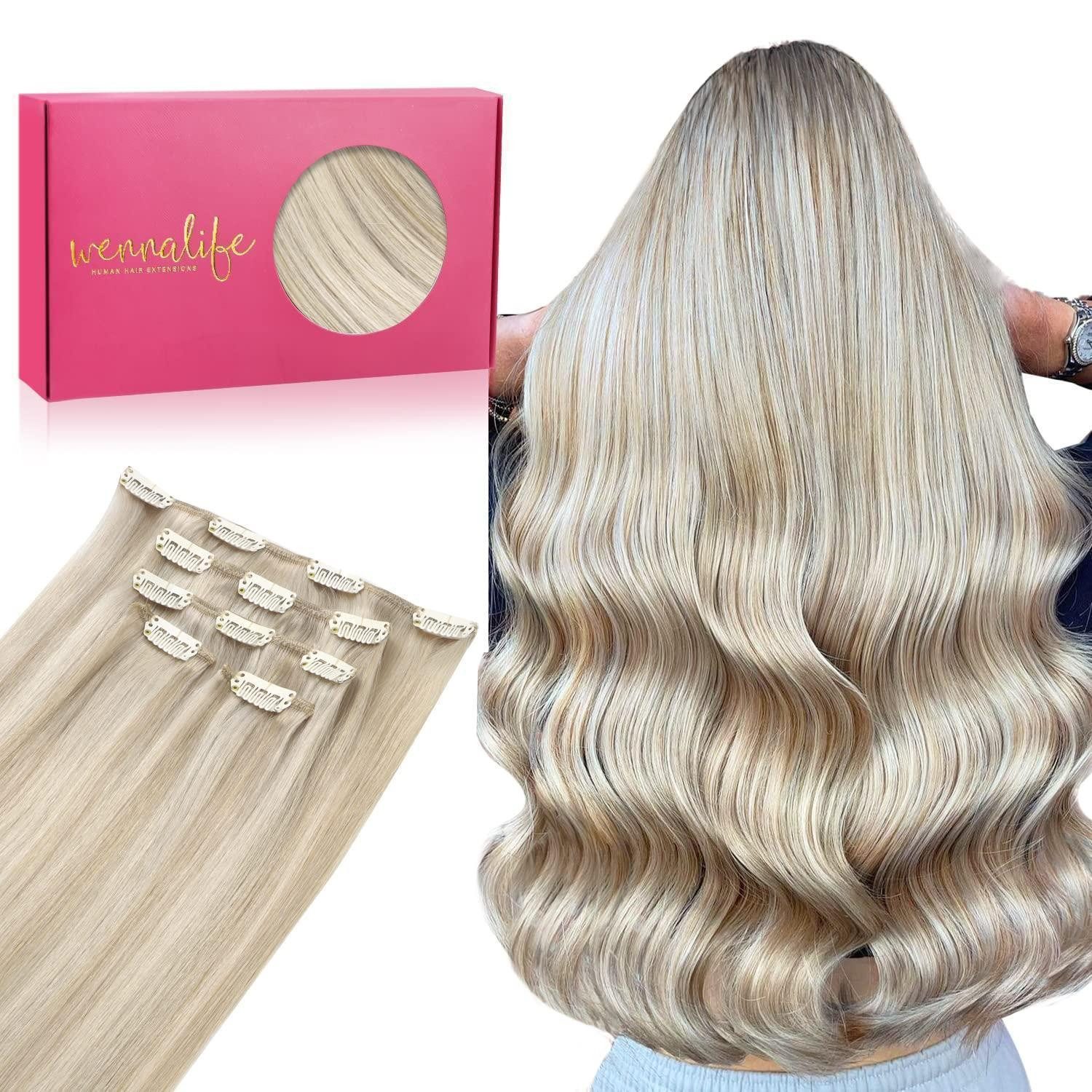 LuxusKollektion Echthaar-Extension Clip in Haarverlängerung Aschblond Highlights