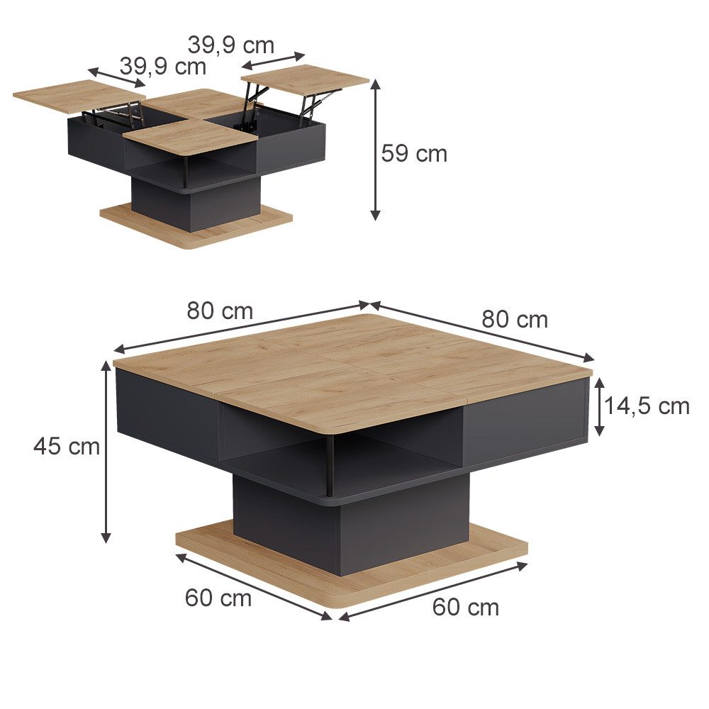 Vicco Couchtisch Movira, Anthrazit/Goldkraft Eiche, 80 x 45 cm mit Staufächern (1-St)