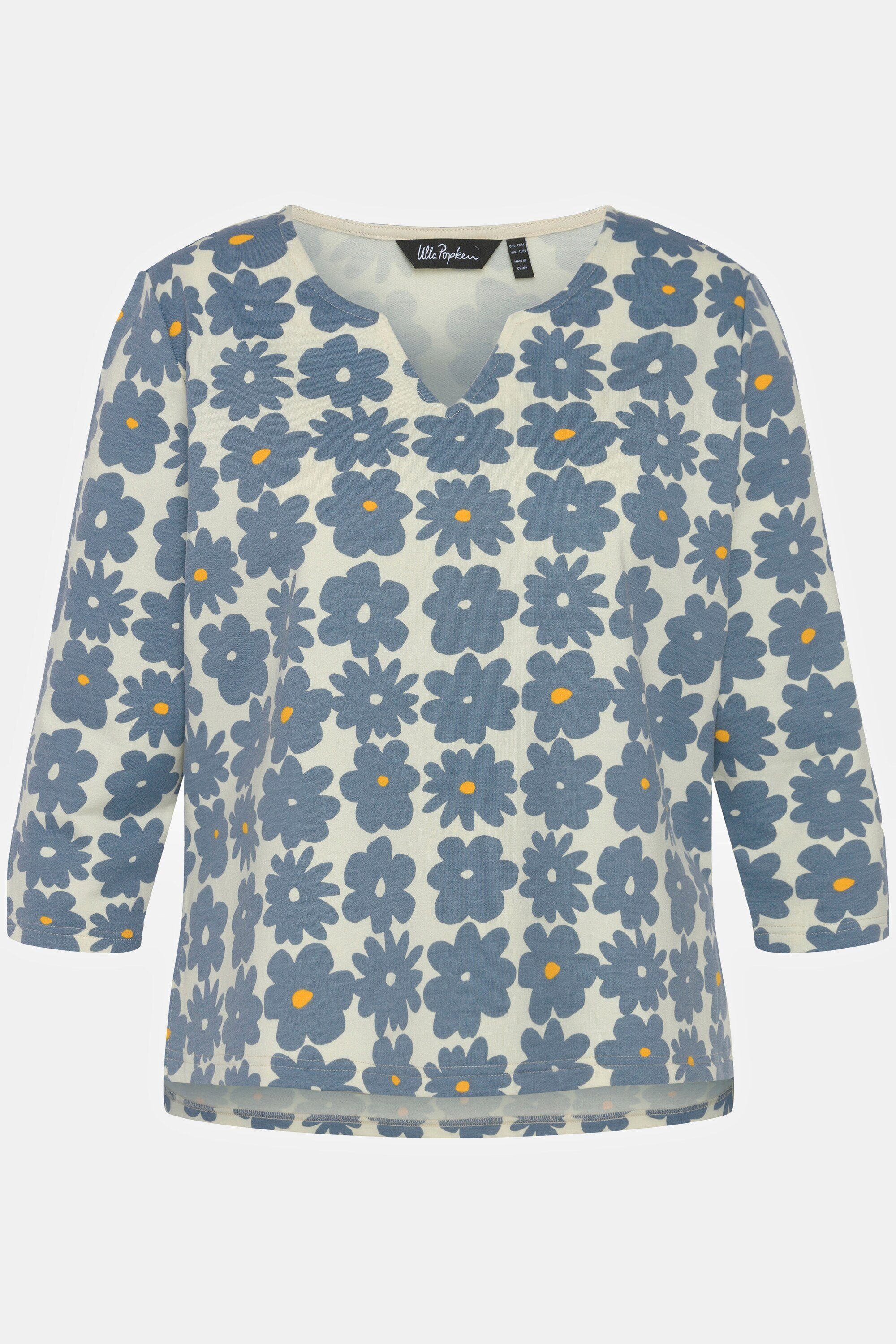 Sweatshirt Tunika-Ausschnitt Sweatshirt A-Linie Blumen jeansblau Popken Ulla