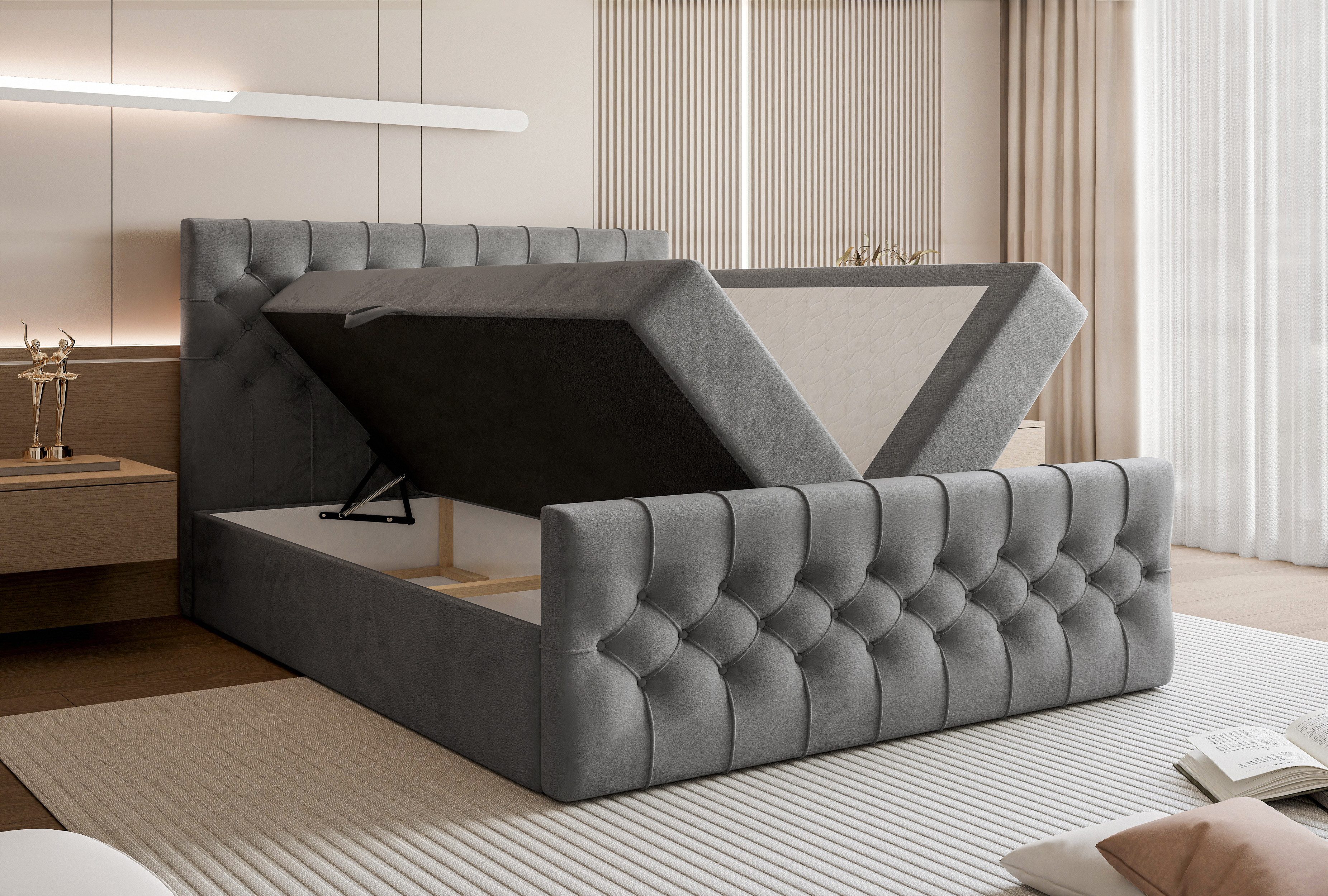 Goldstoff Boxspringbett TAURIEL mit Federkernmatratze & Topper, zwei Bettkästen (von 120 bis 200x200 cm), modernes Doppelbett aus Velvet Stoff mit edlem Kopftei – Bild 5 von 5