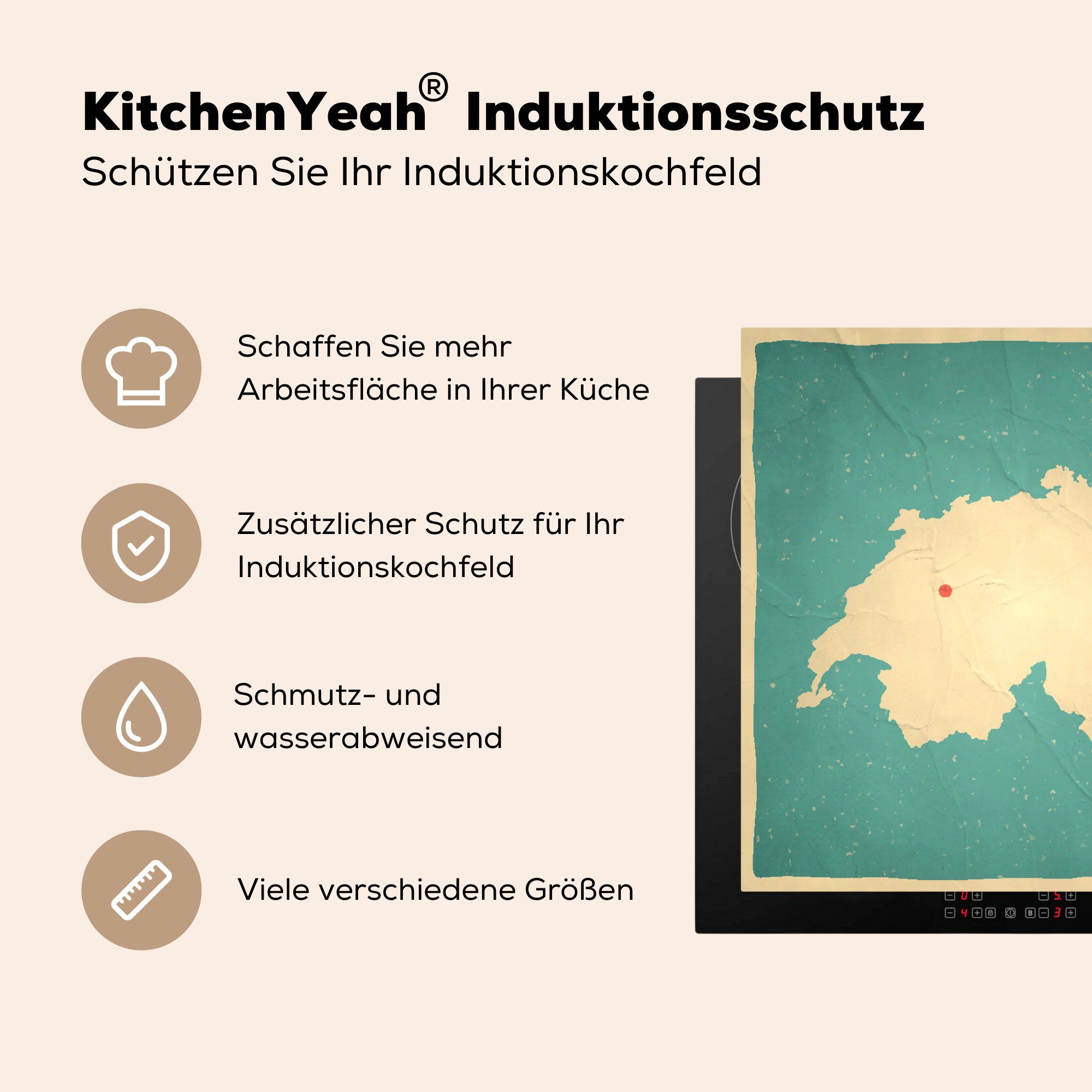 78x78 cm, Karte für (1 Arbeitsplatte der Vintage tlg), Papier, MuchoWow auf küche Herdblende-/Abdeckplatte Vinyl, altem Schweiz Ceranfeldabdeckung,