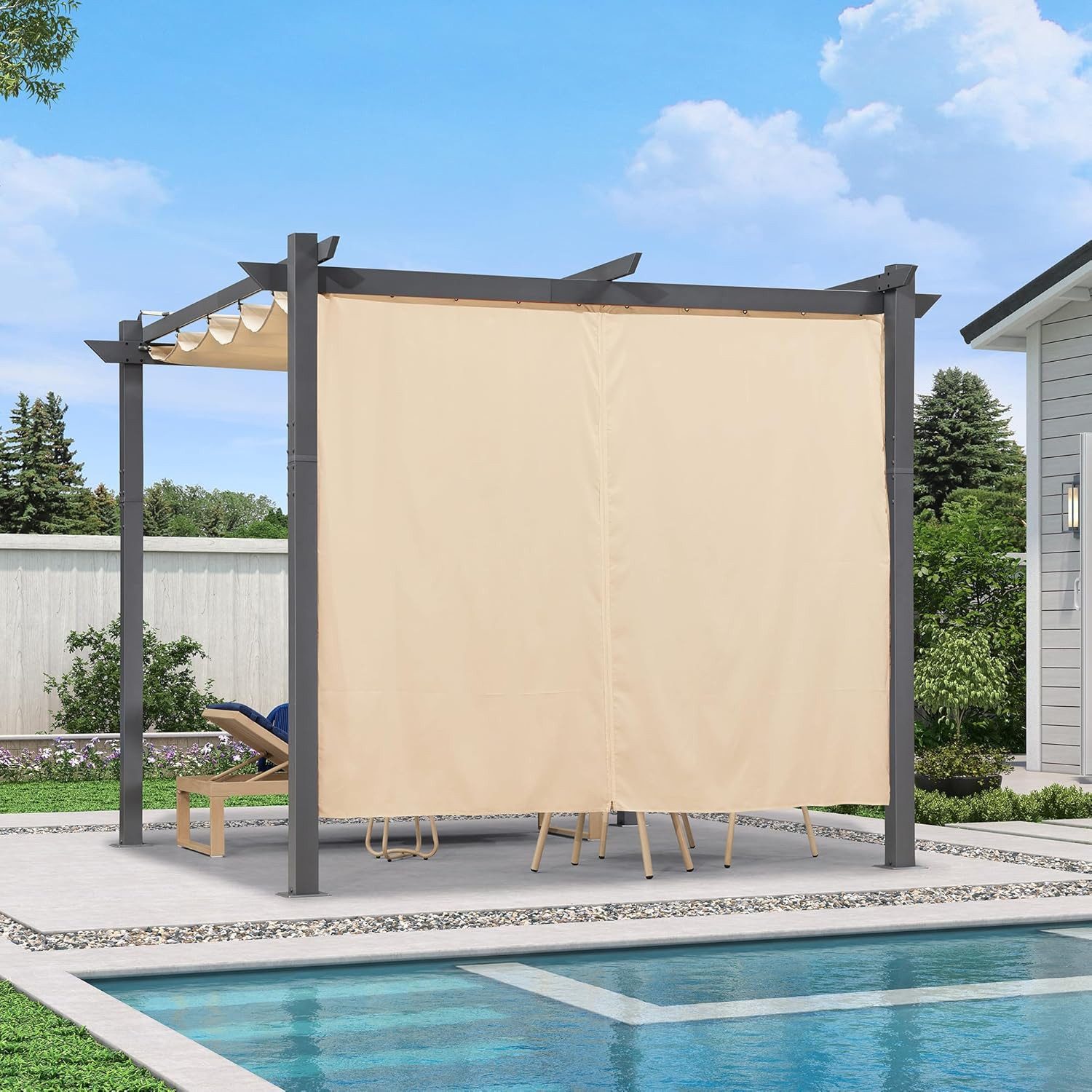 PURPLE LEAF Pergola Pavillon mit Schiebedach aus Aluminium und Seitenvorhang, BxTxH: 300x300x245 cm, (Komplettes Set, 1 Pergola + 1 Seitenvorhang), Freistehende Pergola mit manuellem Schiebedach und Seitenvorhang