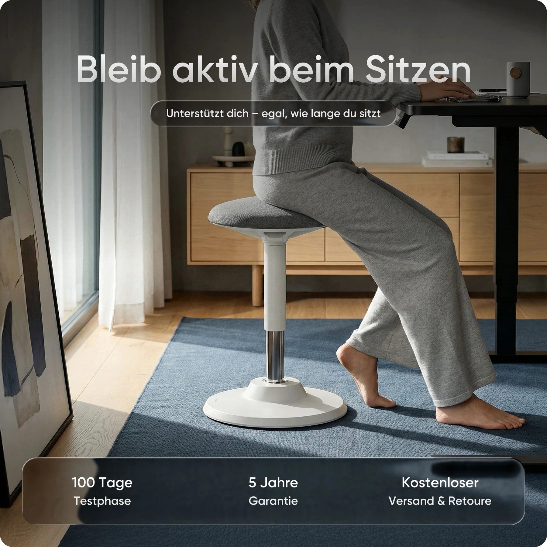 DESKSPACE Drehhocker Motion Ergonomischer Stehhocker - Höhenverstellbarer Bürohocker (Einzelartikel), Höhenverstellbarer Stehhocker mit ergonomischem Sitzkomfort