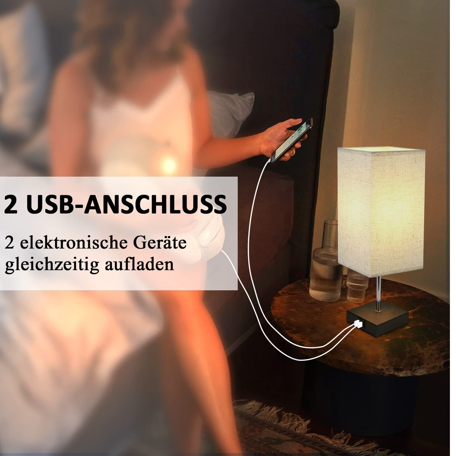 ZMH Tischleuchte Touch E27 Ladenfunktion, Set LED warmweiß, Leuchtmittel, Touch-dimmbar, Mit Schwarz Nachtlicht Set, Schwarz Retro E27 USB dimmbar Tischlampe 1er 1er