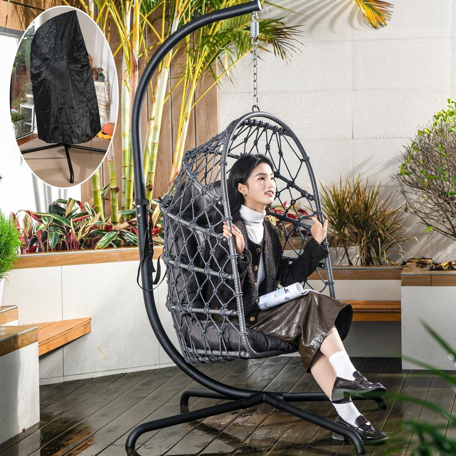 LuxusKollektion Hängesessel Hängesessel Polyrattan Gestell Korb 195kg Dunkelgrau