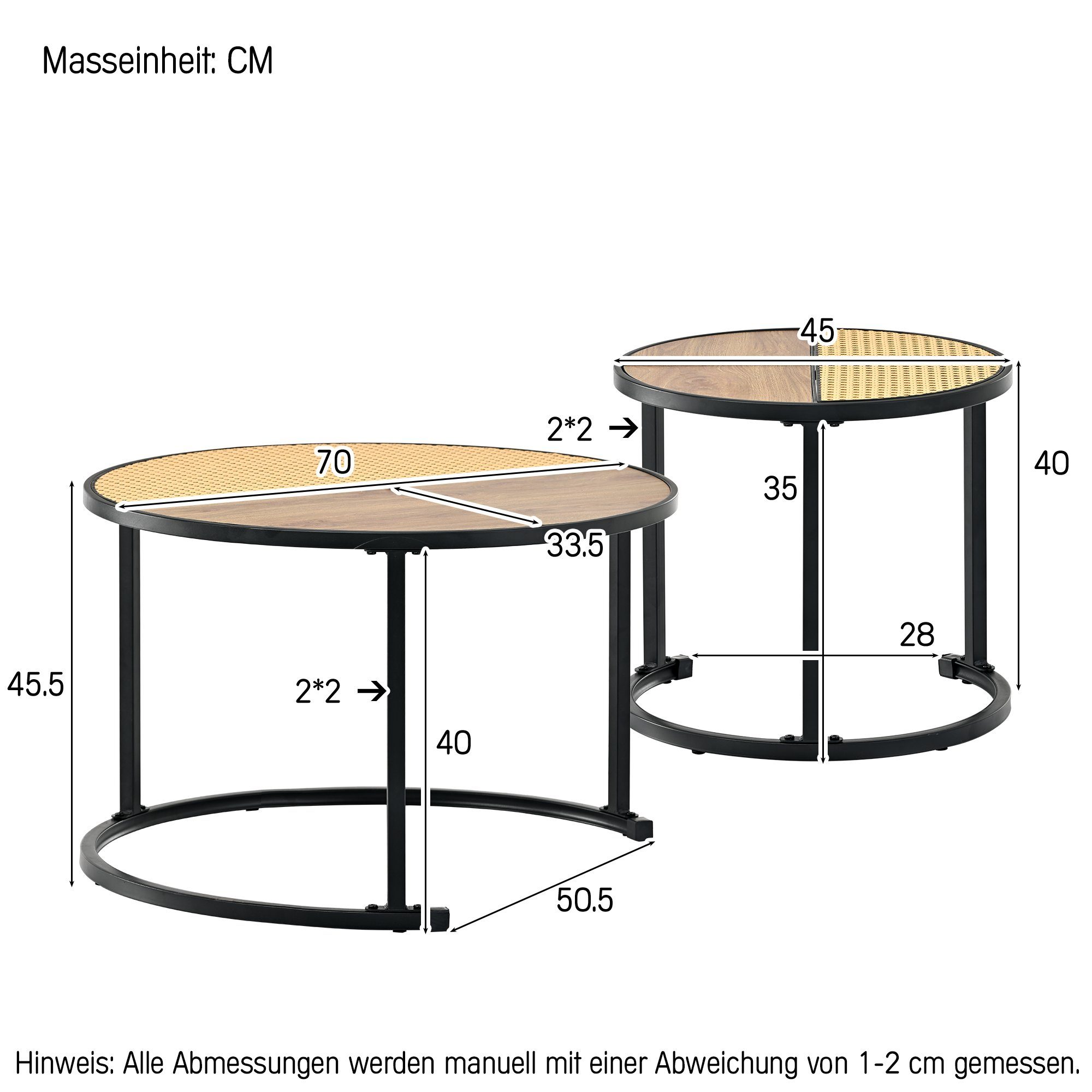 schwarz Ulife Couchtisch 70*45.5cm, (Set, Kunstrattan 2-St., 45*40cm Metallgestell Beistelltisch 2er Set), Satztisch