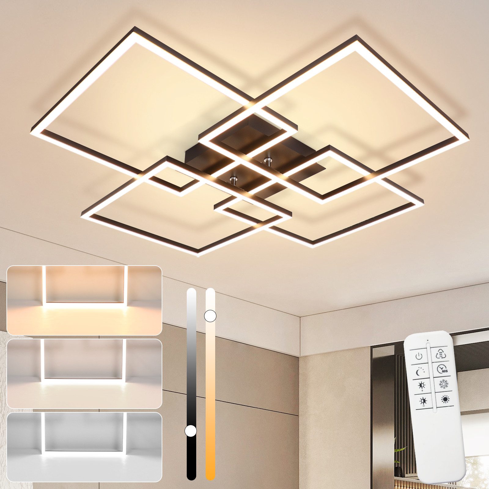 ZMH LED Deckenleuchte Wohnzimmer 72CM Schwarz/Silber RechteckigDimmbar 48W günstig online kaufen